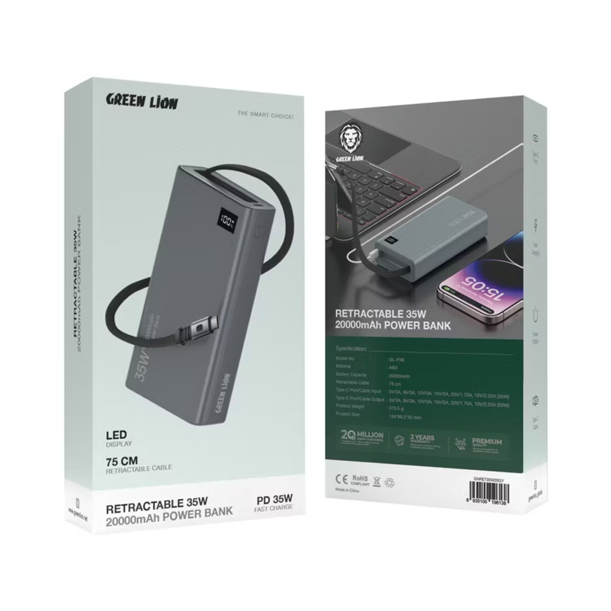 Green Lion Retractable 20000mAh Power Bank with 35W Power Delivery, LED Display, 75cm Cable Length, Type-C Port, Fast Charge Support
