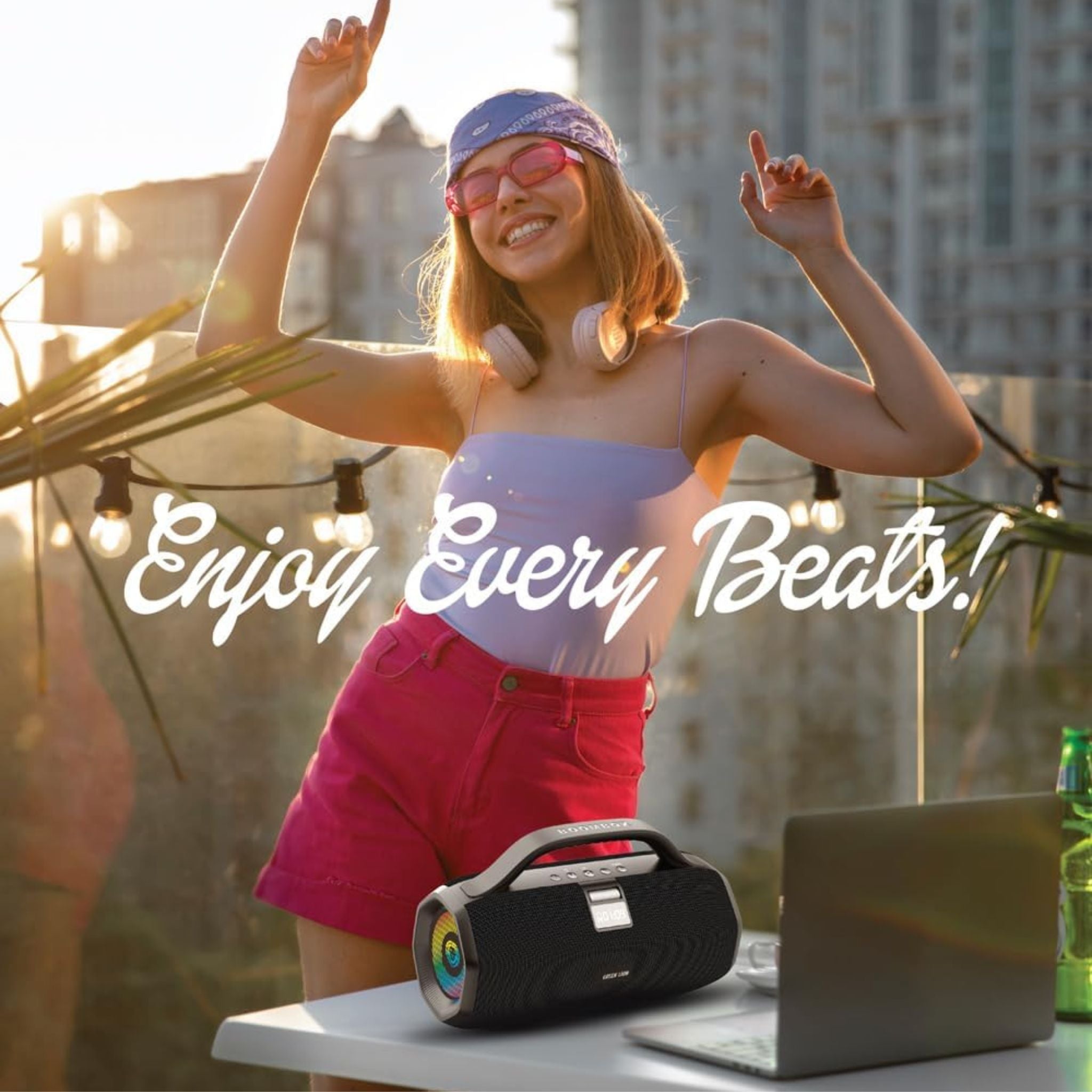 Green Lion BoomBeats Wireless Speaker with Digital Display & RGB Light, Up to 7 Hours Play Time, High Power Loud Speaker, 6000mAh Battery Capacity, Radio, Supports Dual Machine TWS - Black