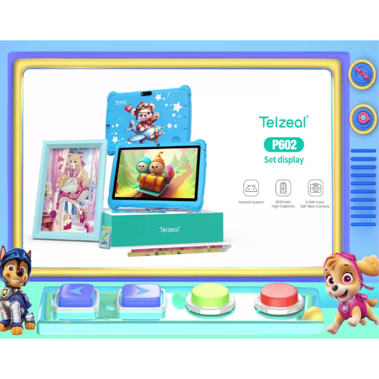 Telzeal  P602,  7" HD Android Tablet (4+128gb)– 3000mAh, WiFi, Dual Cameras (Blue) + Free Gifts