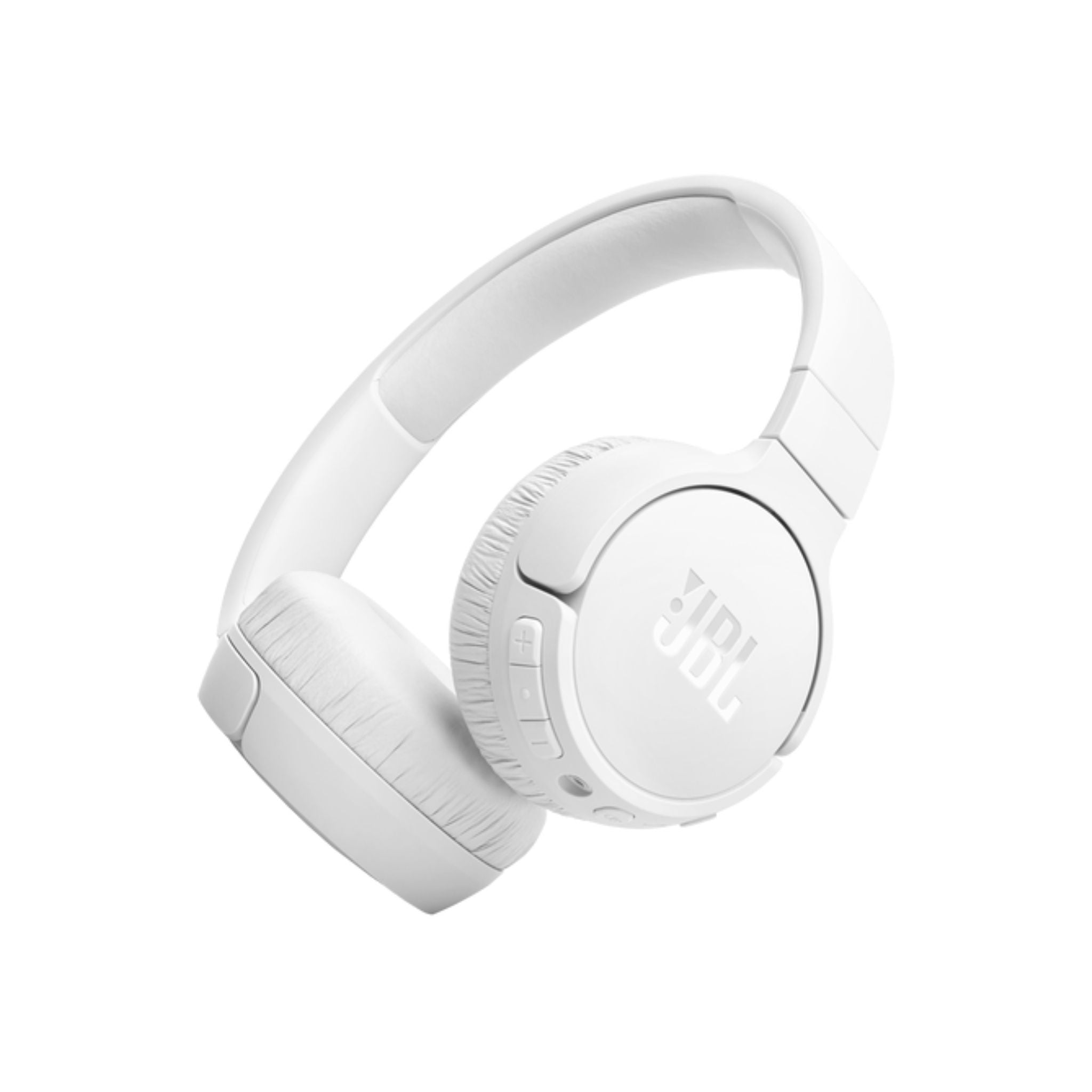 A single white JBL T670 over-ear noise cancelling Bluetooth stereo wireless headphone with a flat-fold design and a detachable cable.
