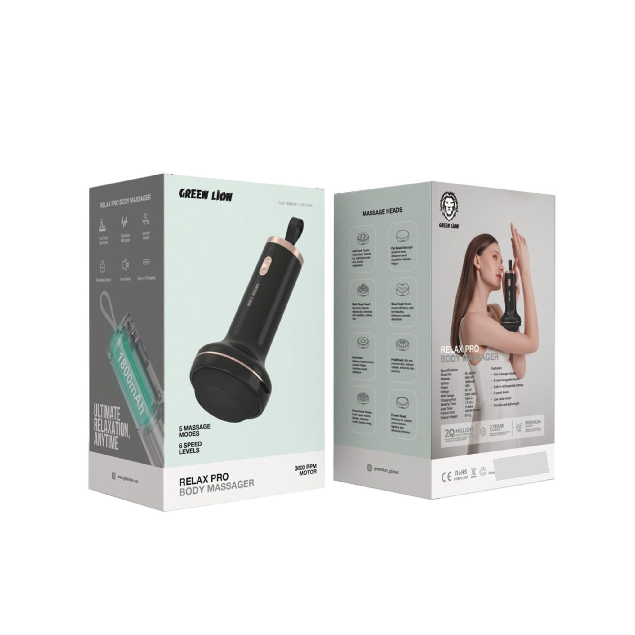 Green Lion Relax Pro Body Massager, 1800mAh Battery,16W Power, 8 Interchangeable Heads, Five Massage Modes, 1.5H Working Time, Low Noise Motor, 6 Speed Levels, Portable & Lightweight- Black