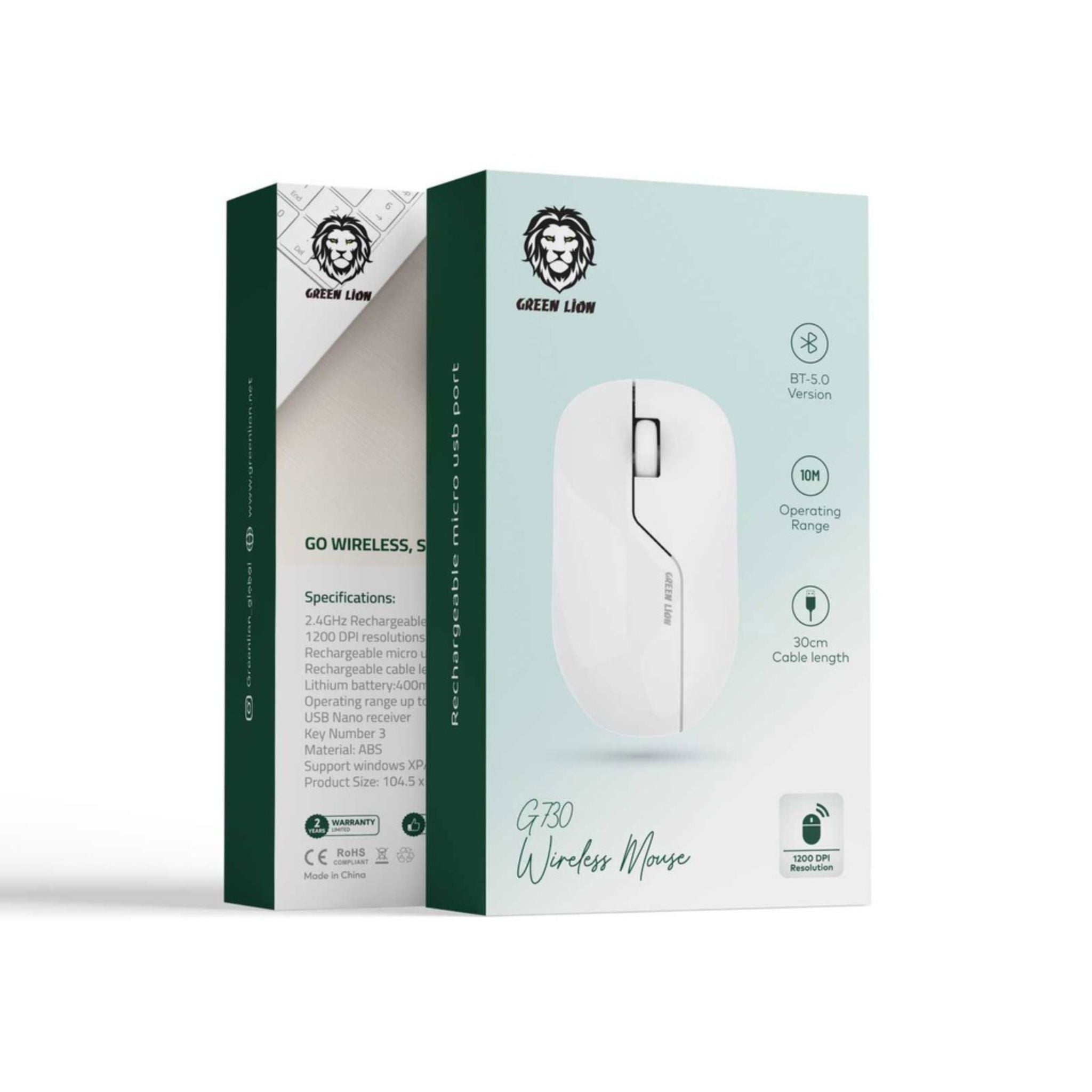 Green Lion G730 Wireless Mouse, ABS Material, 400mAh Battery Capacity, 3 Key Number, 1200 DPI Resolution, Compatible with Windows XP, Vista, 7, 8, 10, Mac, 30 cm Rechargeable Cable Length - White