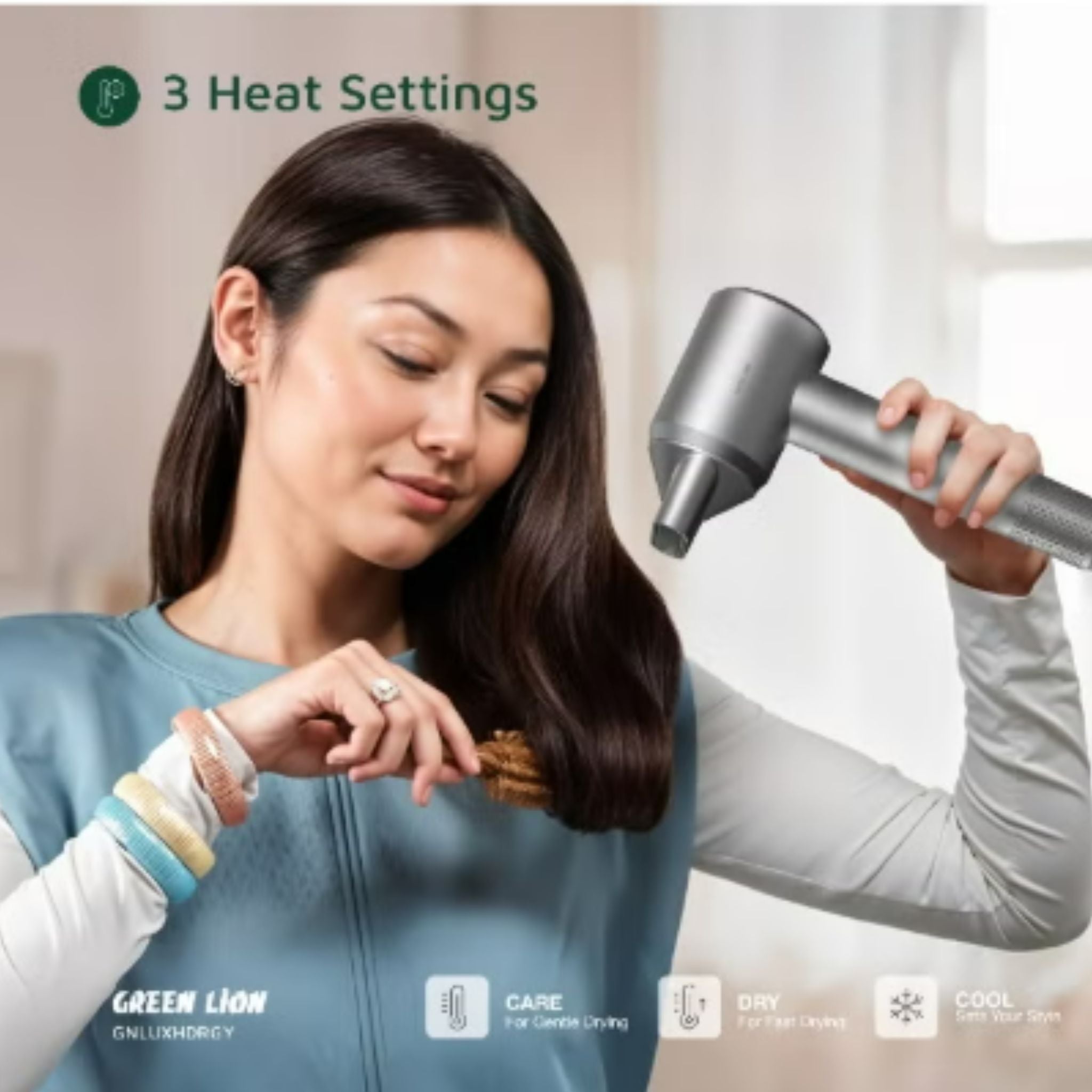 Green Lion LUXAIR Hair Dryer, 1600W BLDC Motor, Digital Display, Hot & Cold Air Alternating Mode, 3 Heat Settings, 2 Wind Speeds, Low Noise 68dB, Durable PC+ABS Body with Copper Heating Element, 1.8m UK Plug – Grey