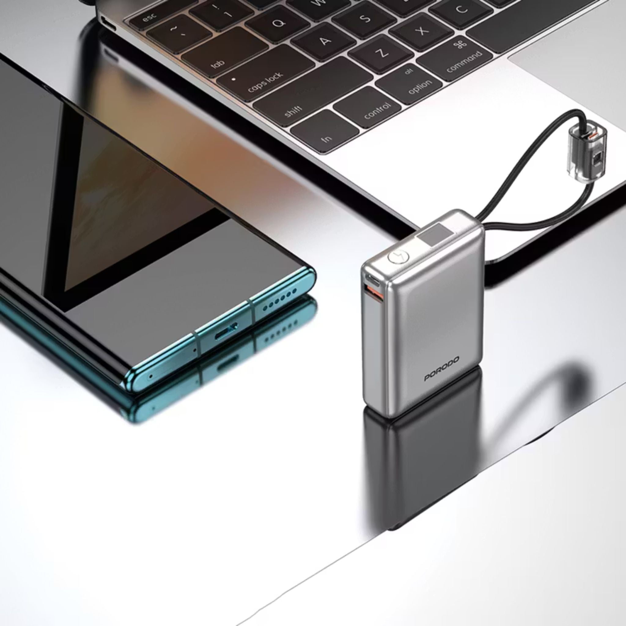 Porodo Petite 10000mAh Power Bank with Integrated Type-C & Lightning Cable, PD 20W, USB-A & USB-C Ports, Fast Charge Support, Digital Display, Universal Compatibility - Silver