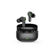 The image shows a pair of black true wireless earbuds with a charging case, featuring a sleek design with green accents on the earbuds and a dark case.