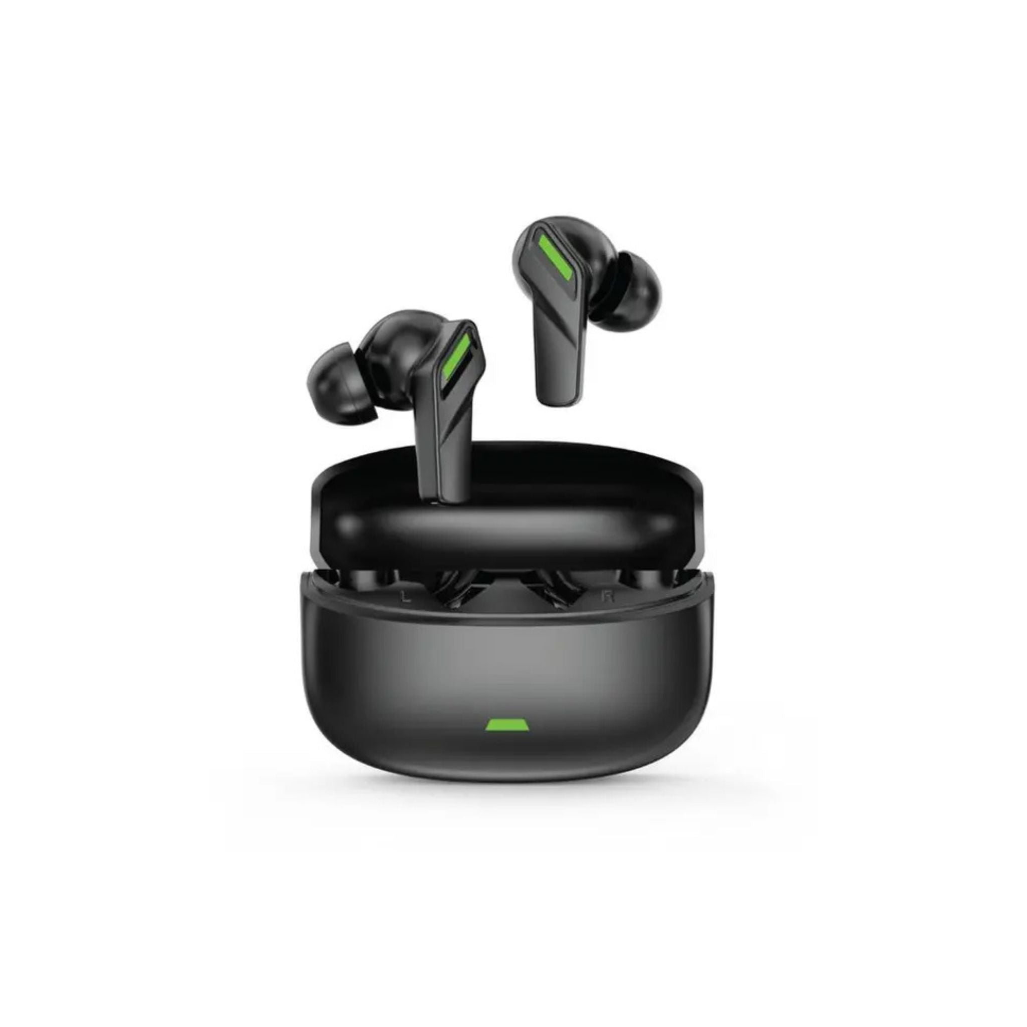 The image shows a pair of black true wireless earbuds with a charging case, featuring a sleek design with green accents on the earbuds and a dark case.