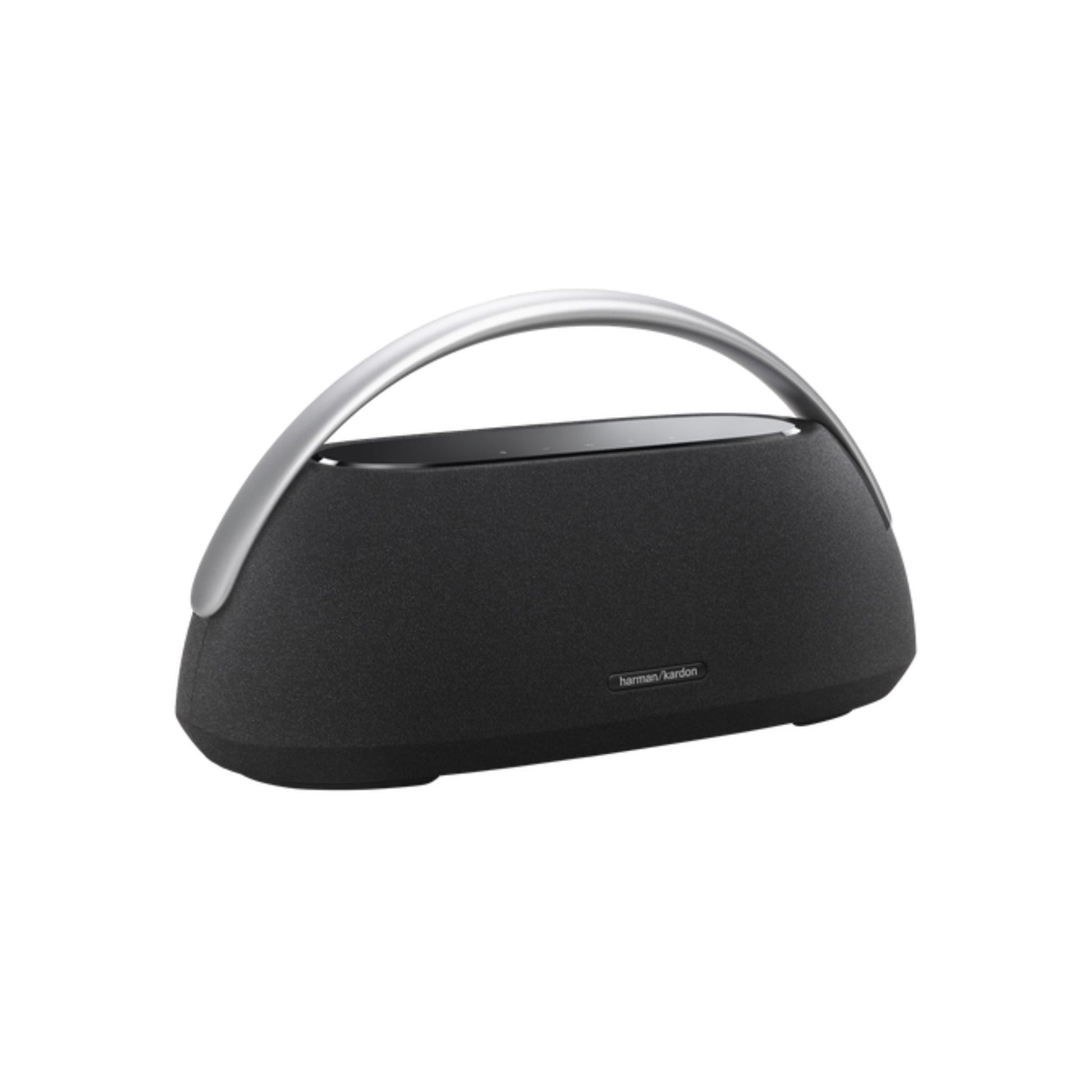 Black portable speaker with silver handle on a white background