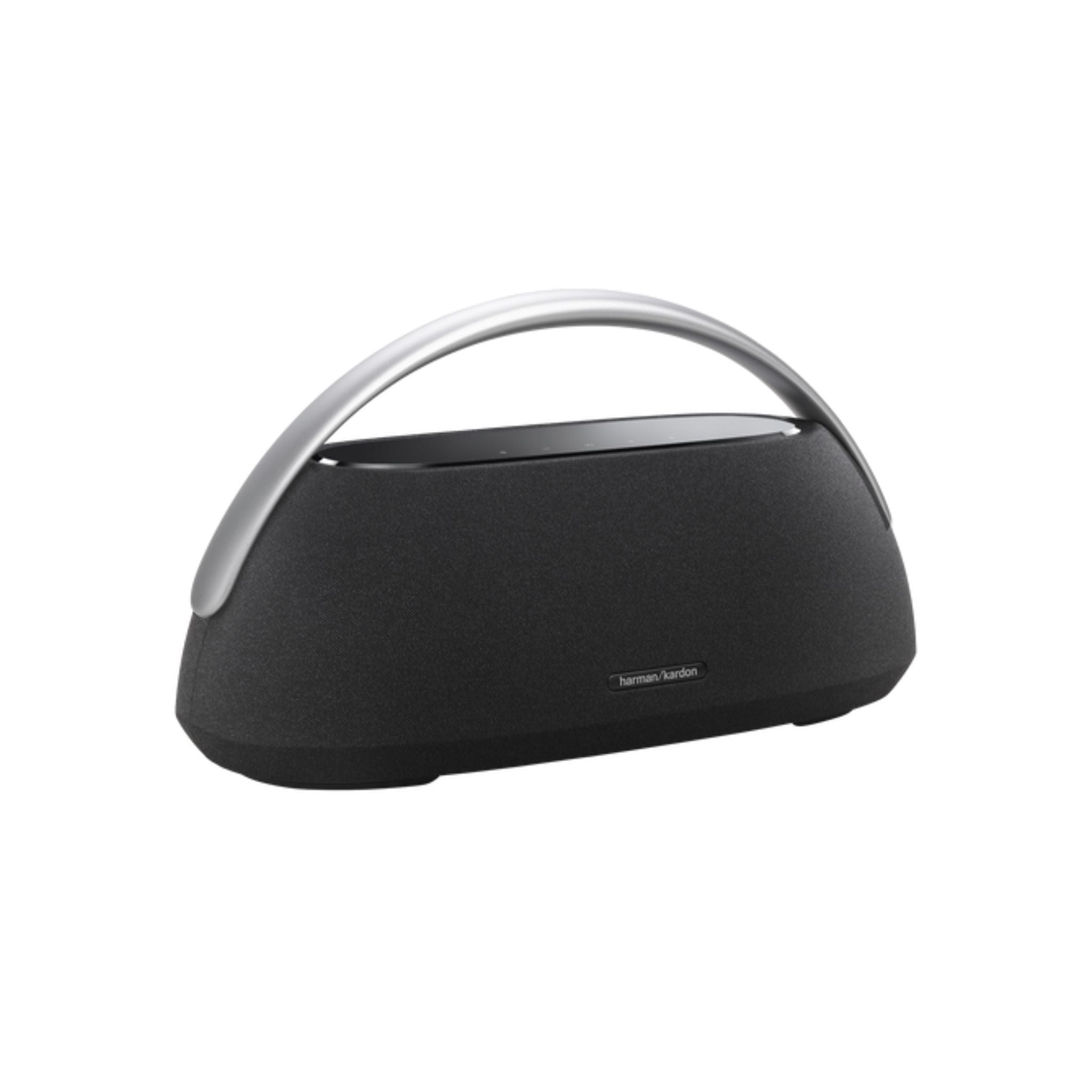 Black portable speaker with silver handle on a white background