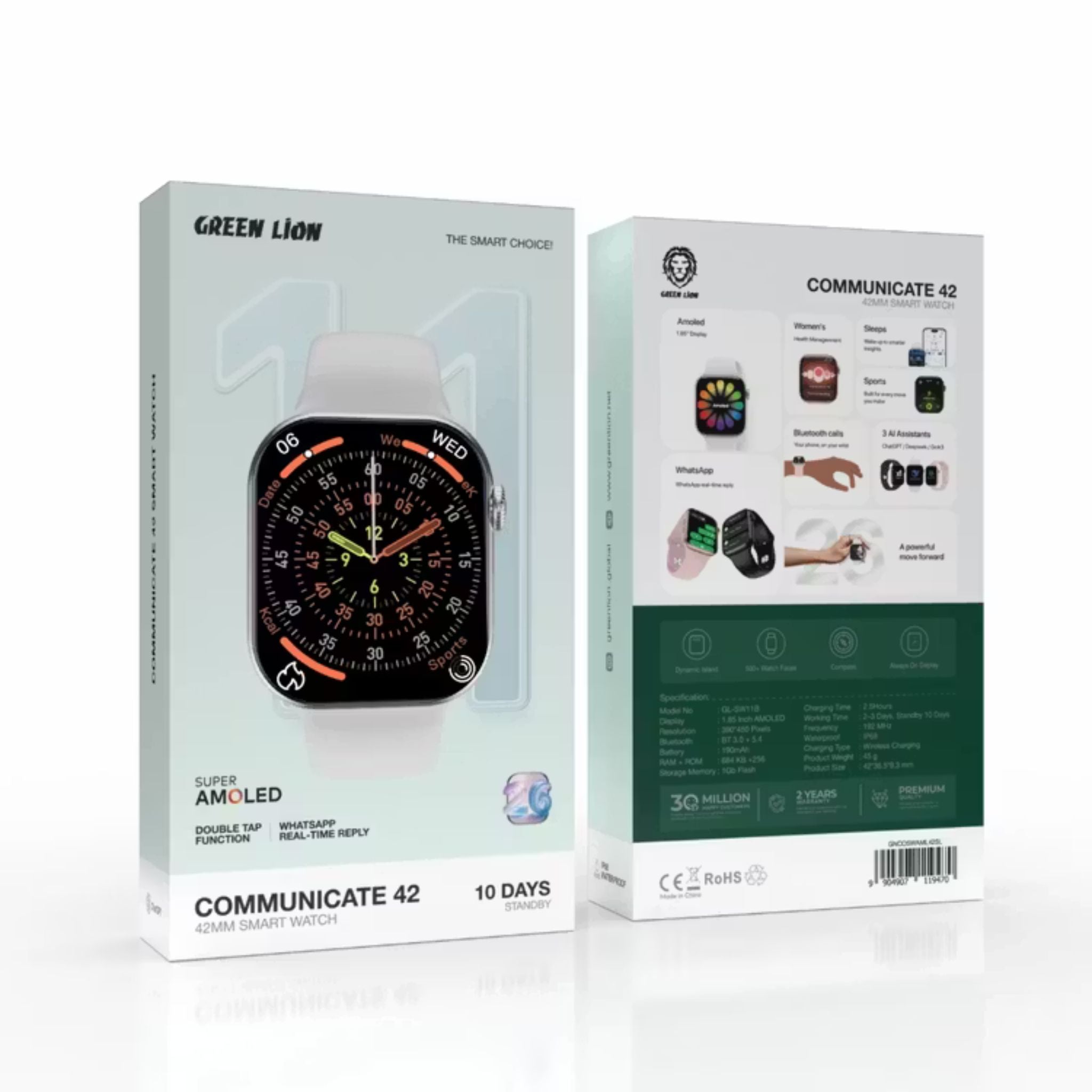 Green Lion Communicate 42mm Smartwatch, 1.85” AMOLED Display, 190mAh Battery, 1GB Flash Storage, IP68 Waterproof, Bluetooth 3.0+5.4, Wireless Charging, Always-On Display, 500+ Watch Faces, 2–3 Days Use, 10-Day Standby -Silver