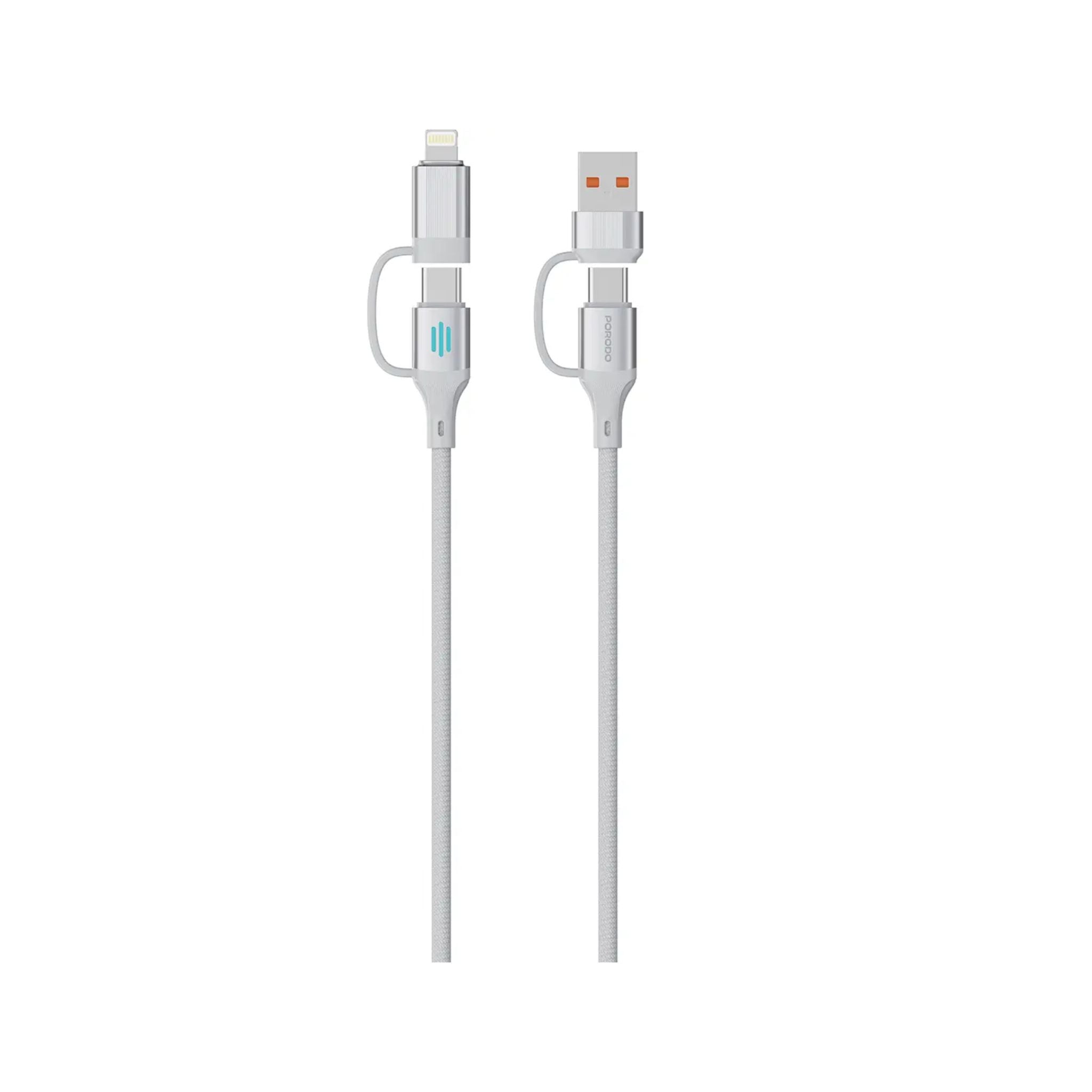 Porodo 4 in1 PD 240W High Speed Charging 1m Cable / USB-C, USB-A & Lightning Input Interface / 480Mbps Rapid Data Sync / Enhanced Durability / Aluminum Alloy Material - Silver