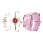 A set of pink-colored smart watch and bracelet with floral design and a glittery finish.