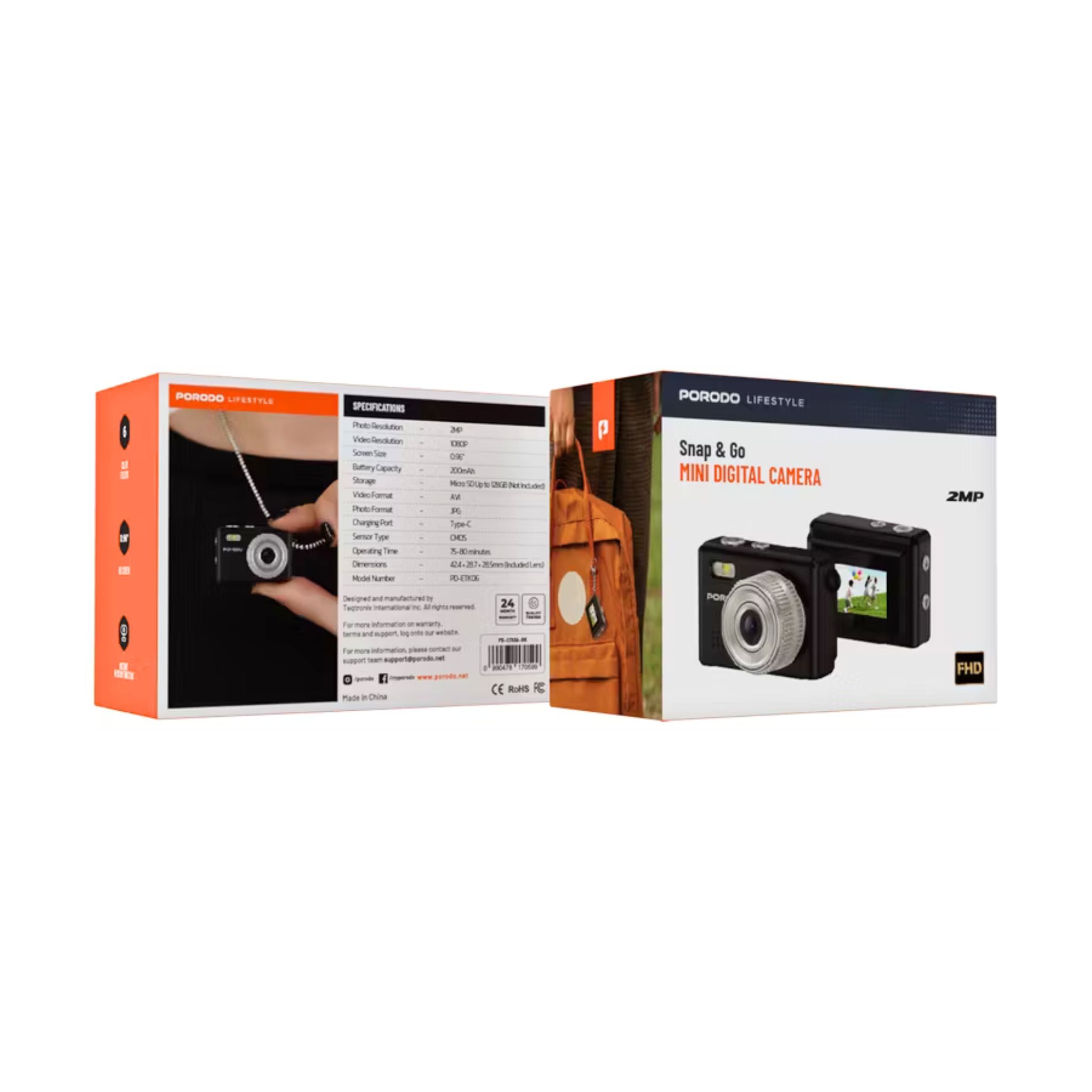 Porodo Lifestyle Snap & Go Mini Digital Camera 2MP / Full HD Camera Video Resolution / Portable Camera with Lightweight / 6 Color Filters / Instant Webcam Function / AVI and JPG Format - Black