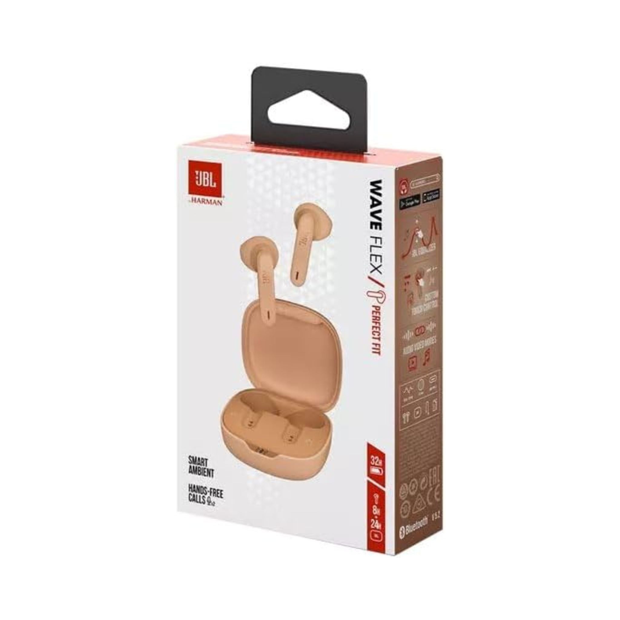 JBL Wave Flex True Wireless Earbuds, Deep Base Sound, Comfortable Fit, 32H Battery, Smart Ambient + Talkthru, Hands-Free Call, VoiceAware, Water and Dust Resistant - Beige