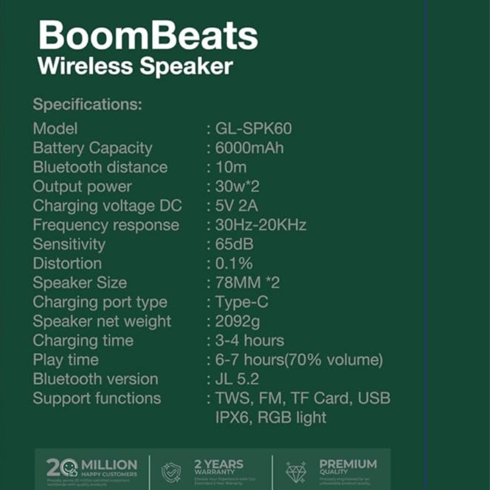 Green Lion BoomBeats Wireless Speaker with Digital Display & RGB Light, Up to 7 Hours Play Time, High Power Loud Speaker, 6000mAh Battery Capacity, Radio, Supports Dual Machine TWS - Black