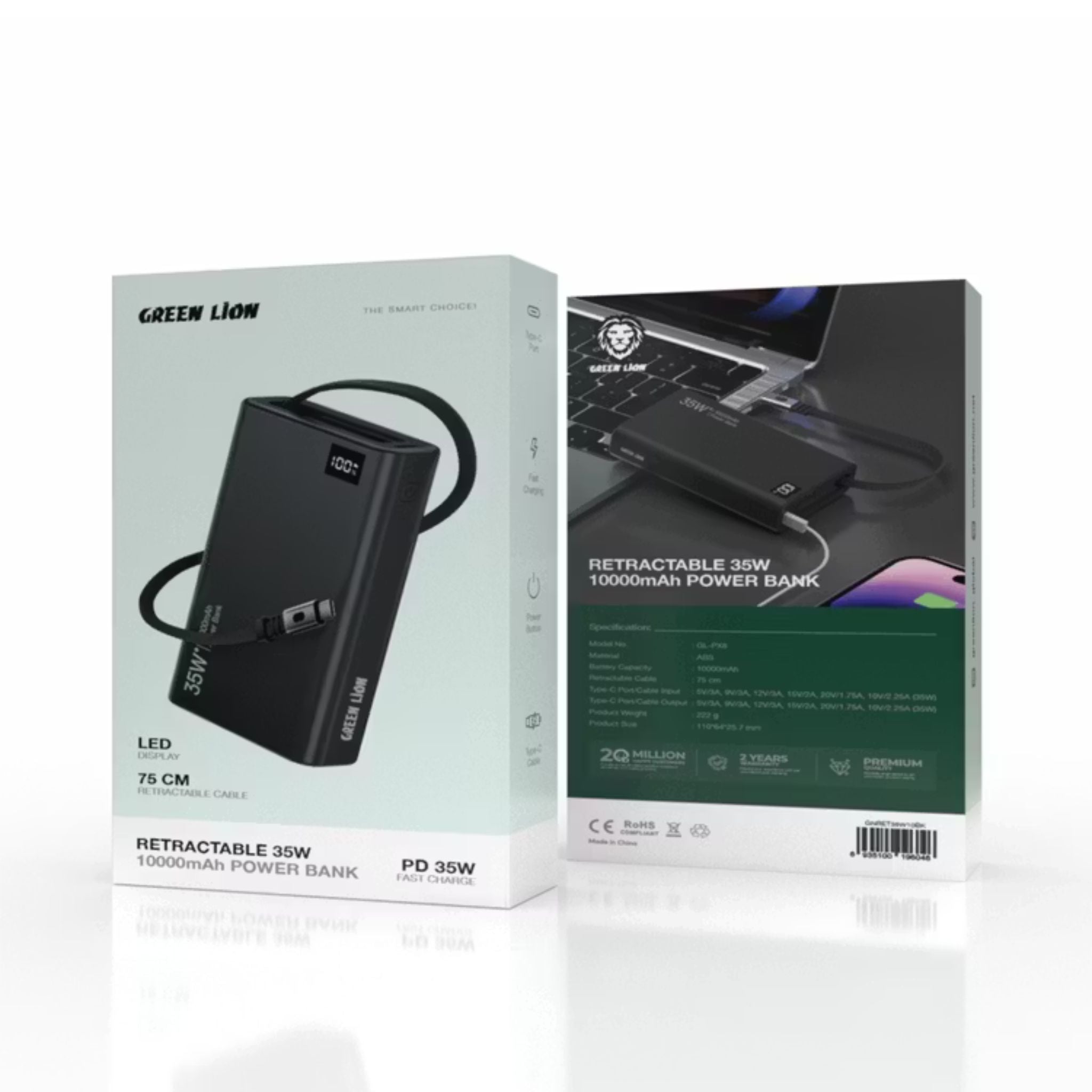 Green Lion Retractable 10000mAh Power Bank with 35W Power Delivery, LED Display, 75cm Cable Length, Type-C Port, Fast Charge Support