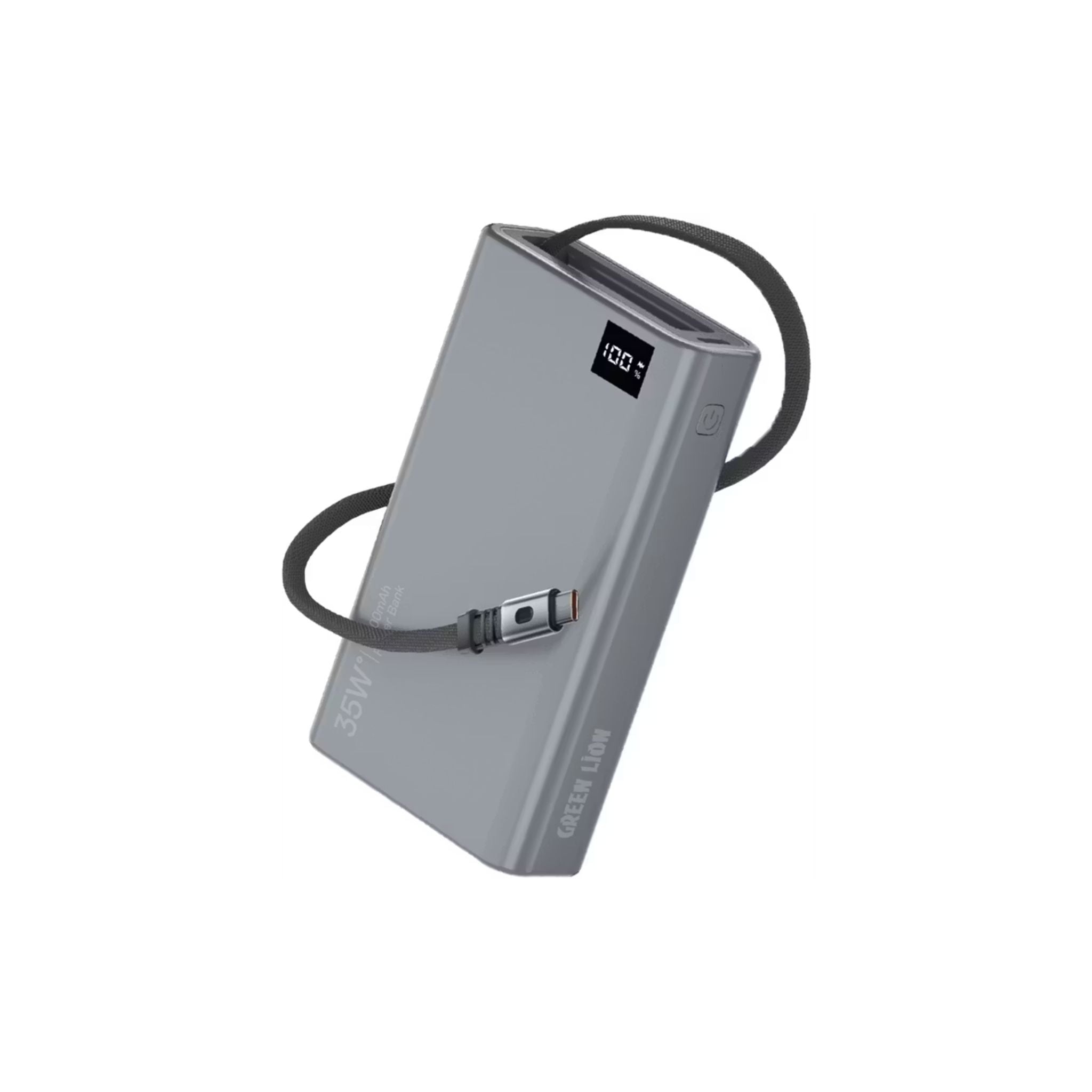 Gray power bank with cable on a white background