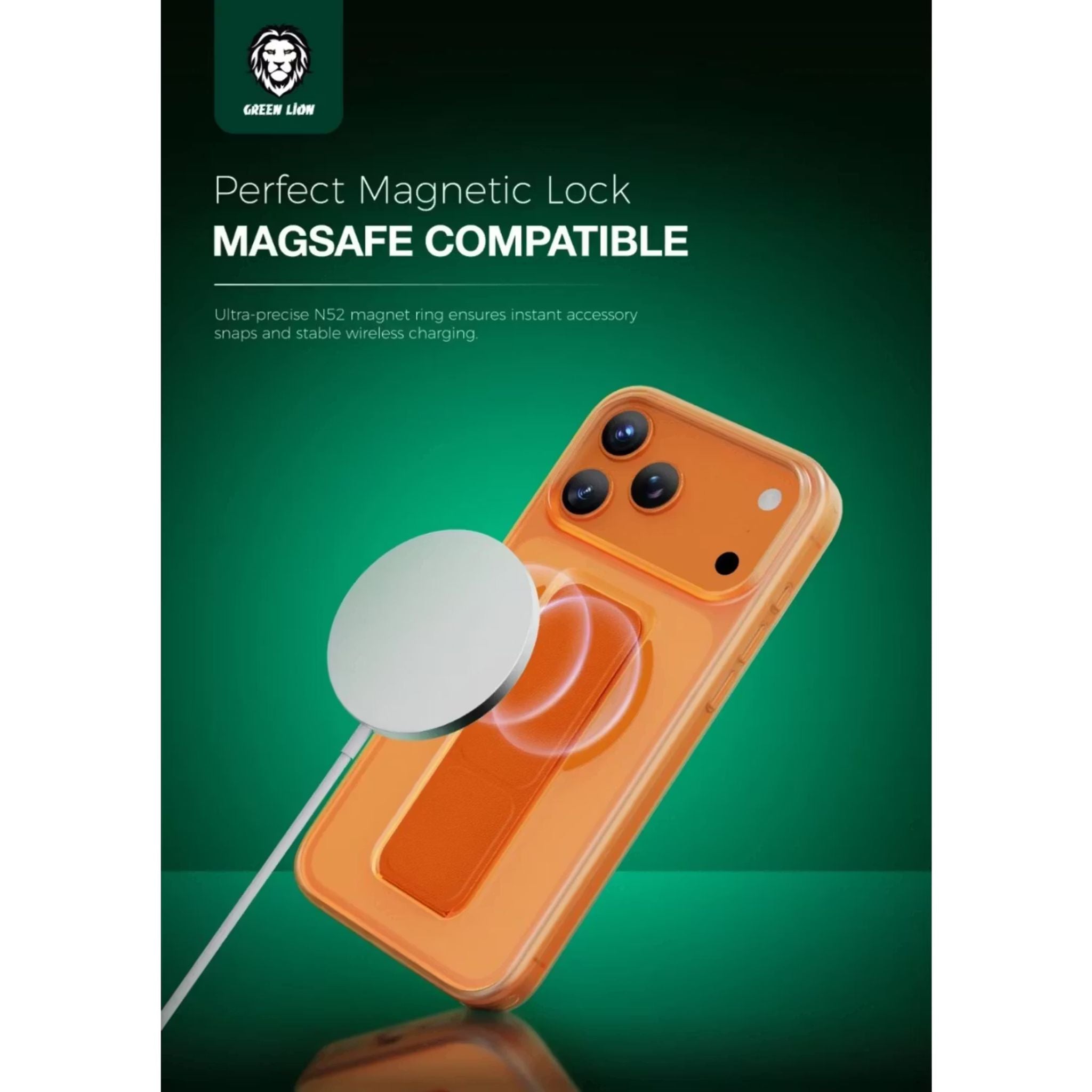 Green Lion Grip 360° MagSafe Case for iPhone 17 Pro, Up to 3500gs Force Impact Resistance, Foldable Stand, Strong Magnets, Drop Protection, Anti-Scratch, Leather Grip Strap, Camera Protection, Horizontal & Vertical Features - Orange Titanium