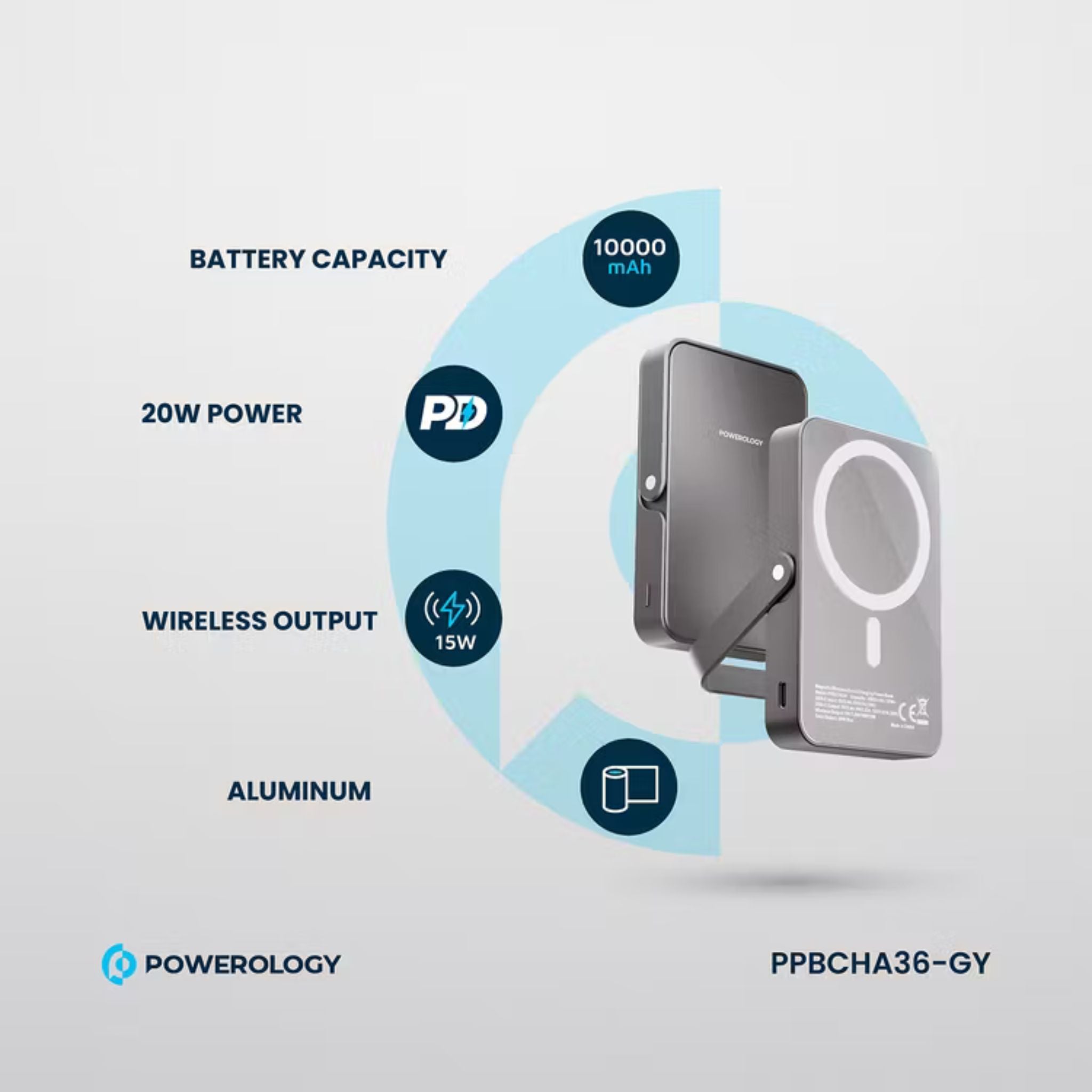 Powerology 10000mAh Magsafe Glass Surface Power Bank, Compact Design, Type-C & Wireless output, Integrated Stand, Aluminum Material, 20W Power Delivery, Cable-Free - Gray
