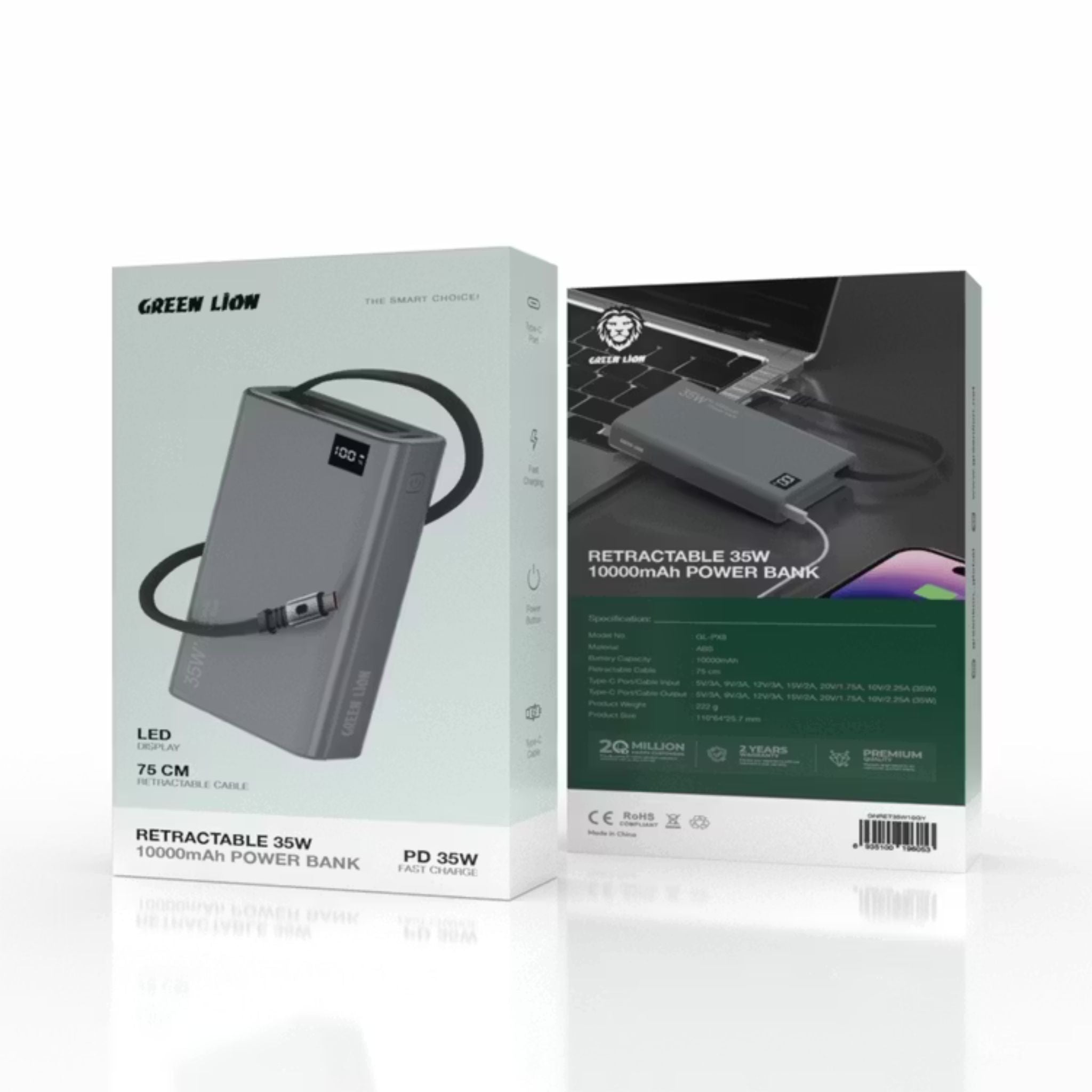 Green Lion Retractable 10000mAh Power Bank with 35W Power Delivery, LED Display, 75cm Cable Length, Type-C Port, Fast Charge Support