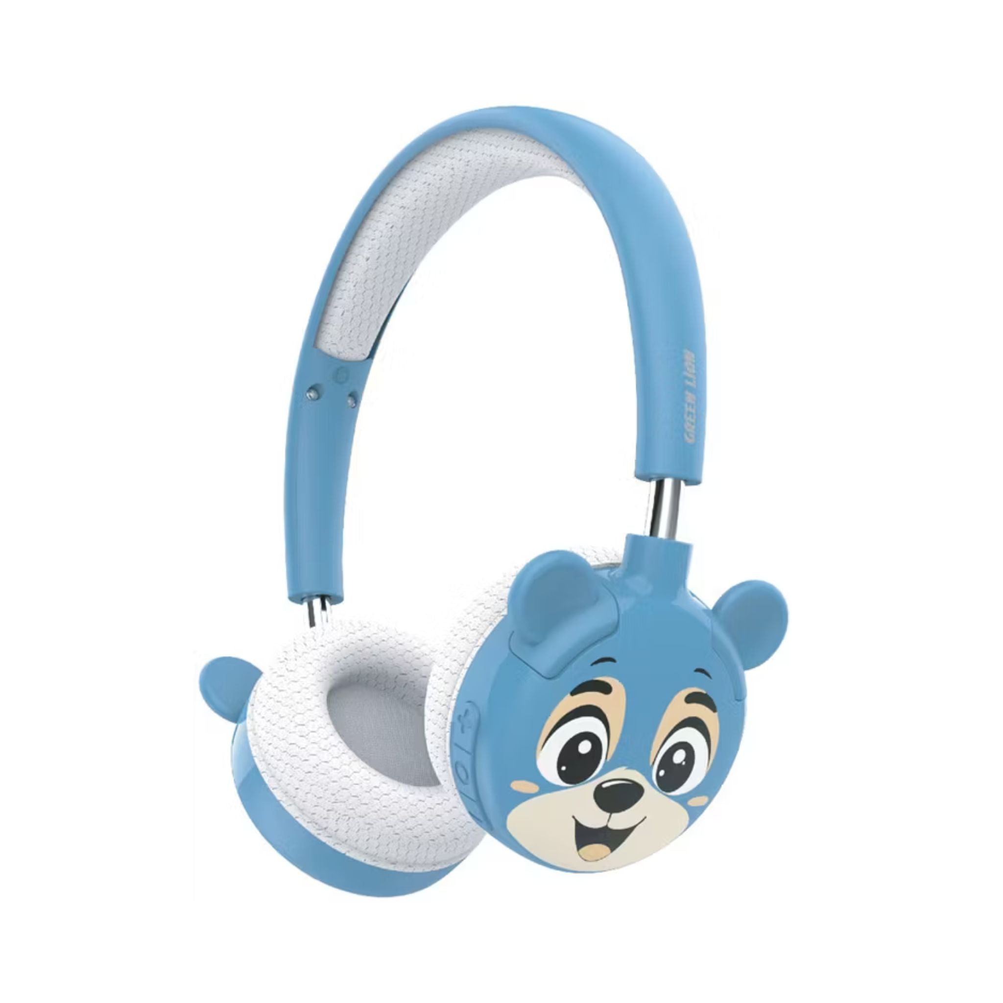 Blue children's headphones with a cartoon bear face design on a white background