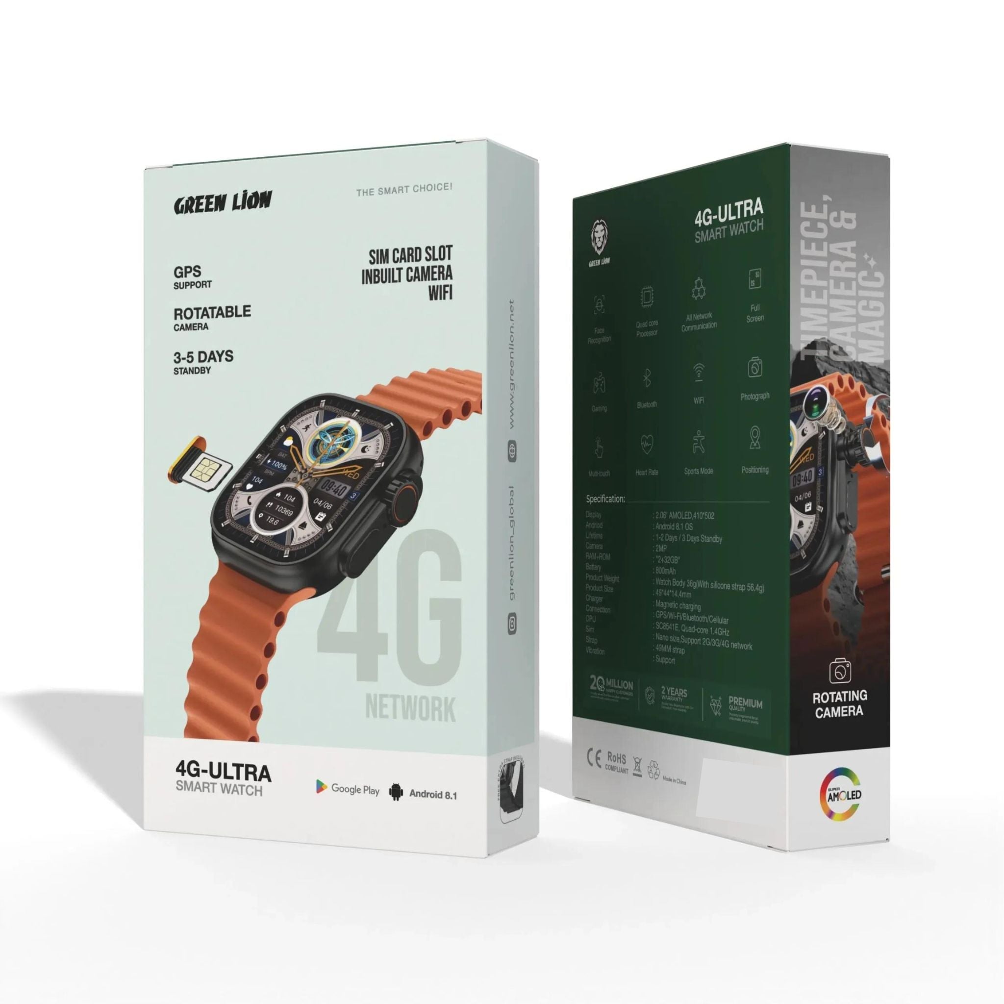 Green Lion 4G Ultra Smart Watch Android with Orange Strap 360° Rotatable Camera, Face Recognition, Android 8.1 OS, GPS Support, Magnetic Charging - Black