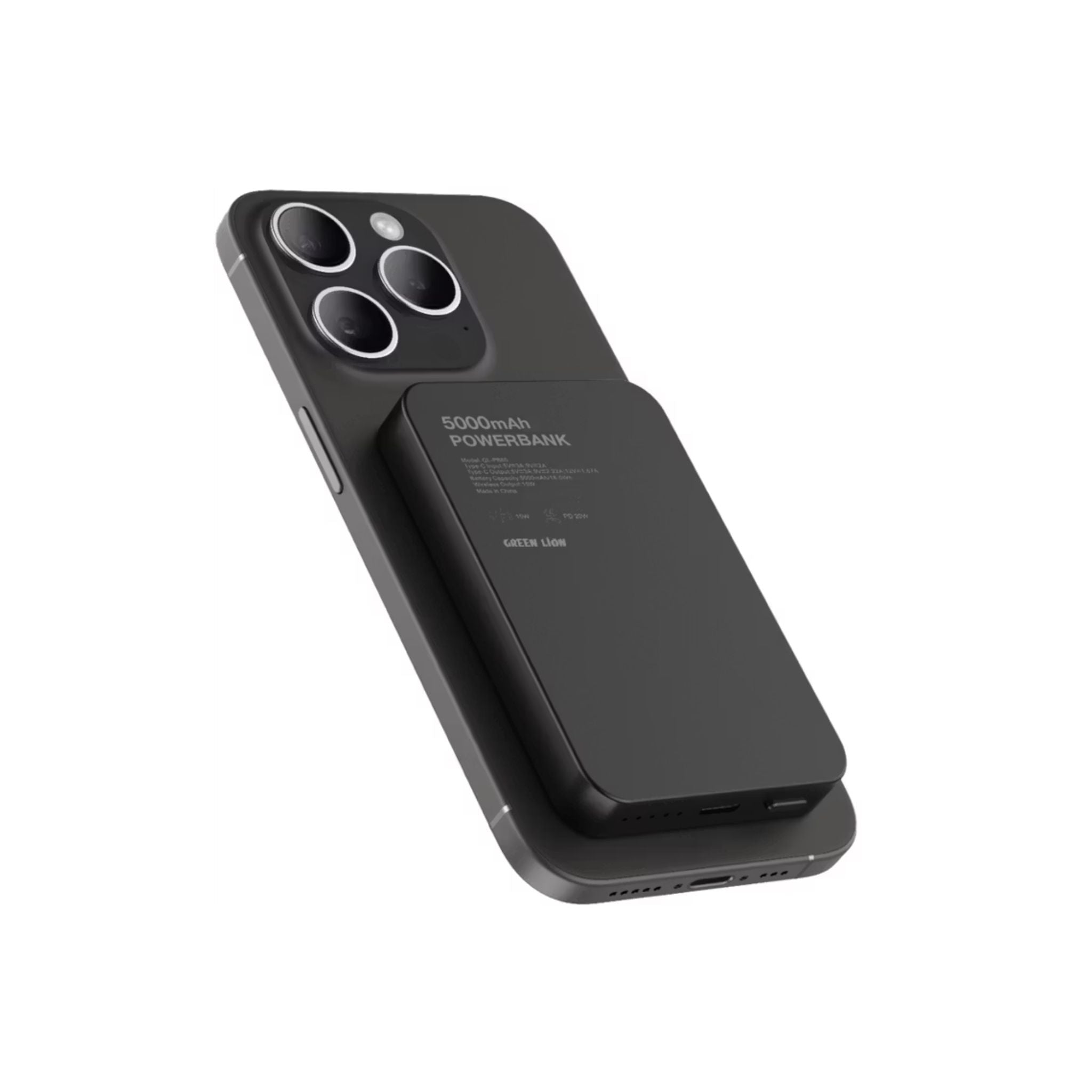 Black power bank attached to a smartphone on a white background