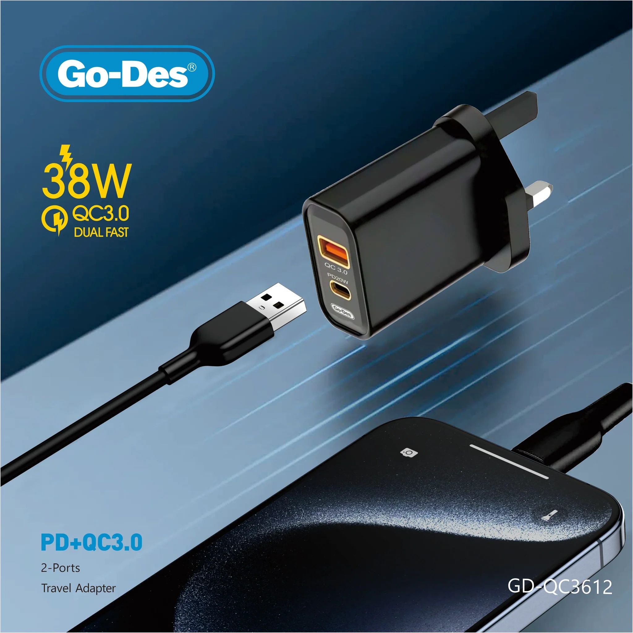 Go-Des 38W PD + QC 3.0 Dual-Port Fast Travel Charger USB-C USB-A Wall Adapter with Smart Protection