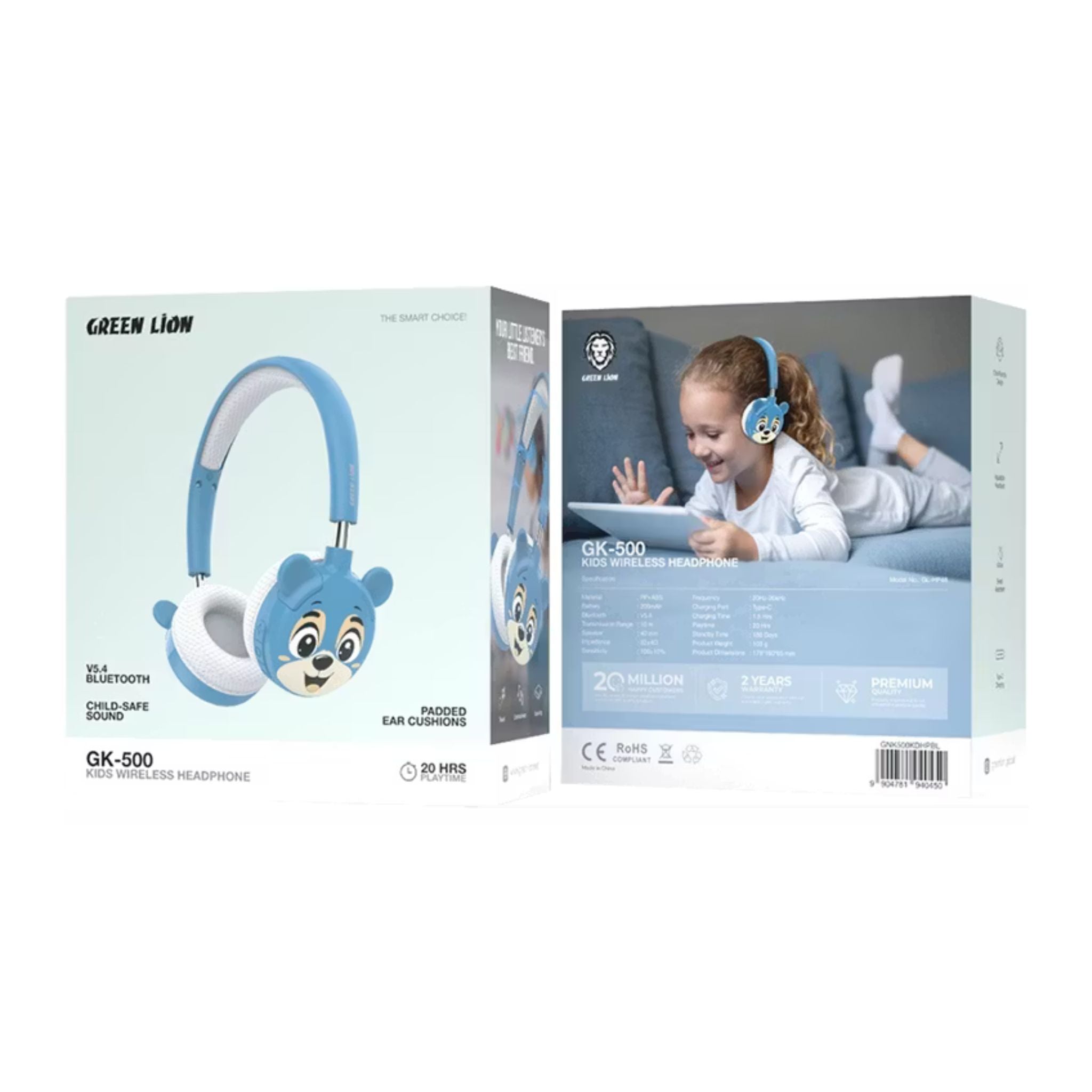 Green Lion GK-500 Kids Wireless Headphones with Padded Ear Cushions, Bluetooth Version 5.4, 200mAh Battery Capacity, 20 Hours Play Time, PP & ABS Material, Type-C Charging Port, 1.5 Hours Charging Time, Child-Safe Sound - Blue