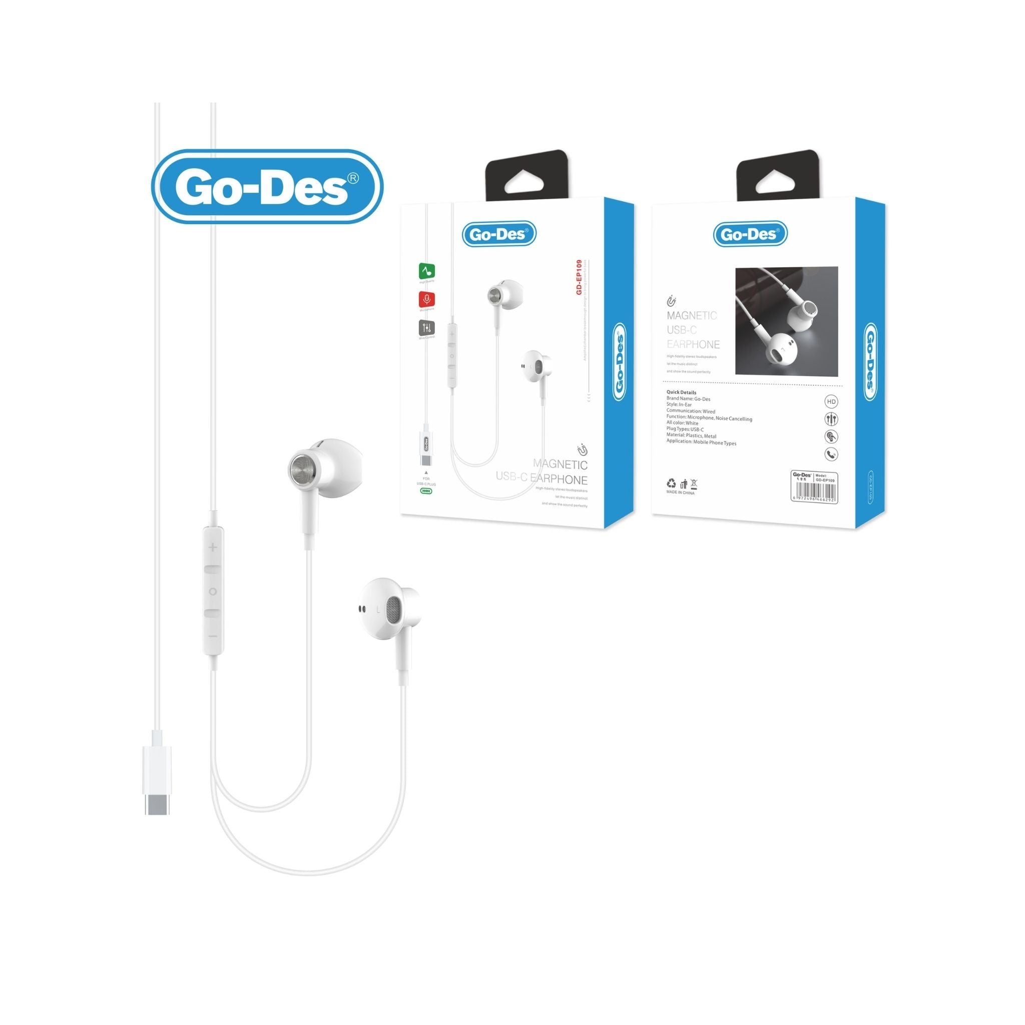 Go Des USB-C (Type-c) Stereo Earphone- White