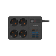A black power strip with four EU sockets, seven USB-A ports, and one USB-C port, branded as Green Lion.