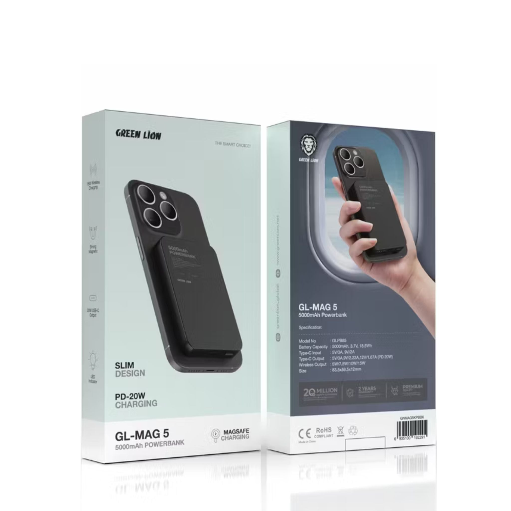 Green Lion GL-MAG 5000mAh Power Bank with 20W Power Delivery, MagSafe Charging, LED Indicator, 15W Wireless Charging, Slim Design