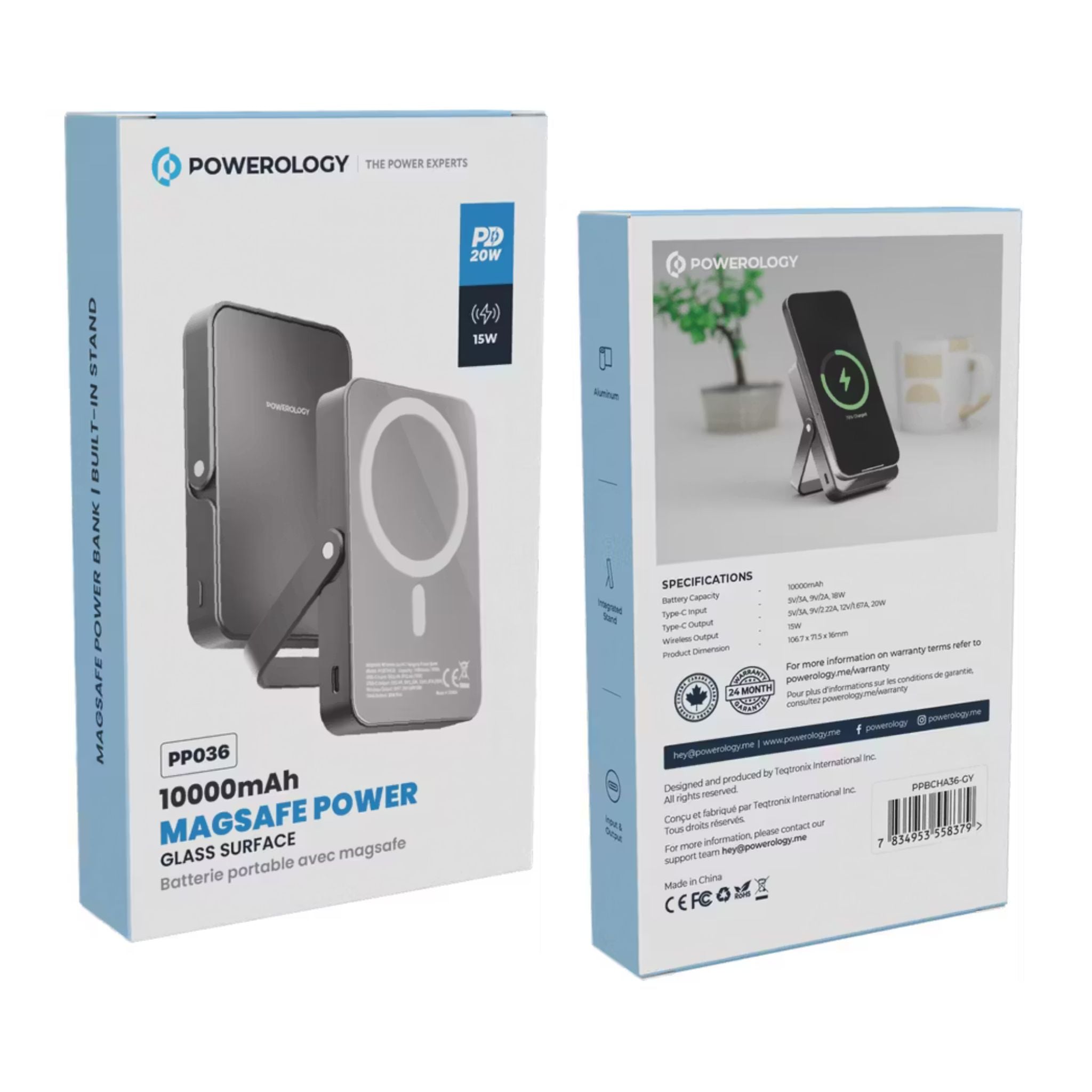 Powerology 10000mAh Magsafe Glass Surface Power Bank, Compact Design, Type-C & Wireless output, Integrated Stand, Aluminum Material, 20W Power Delivery, Cable-Free - Gray