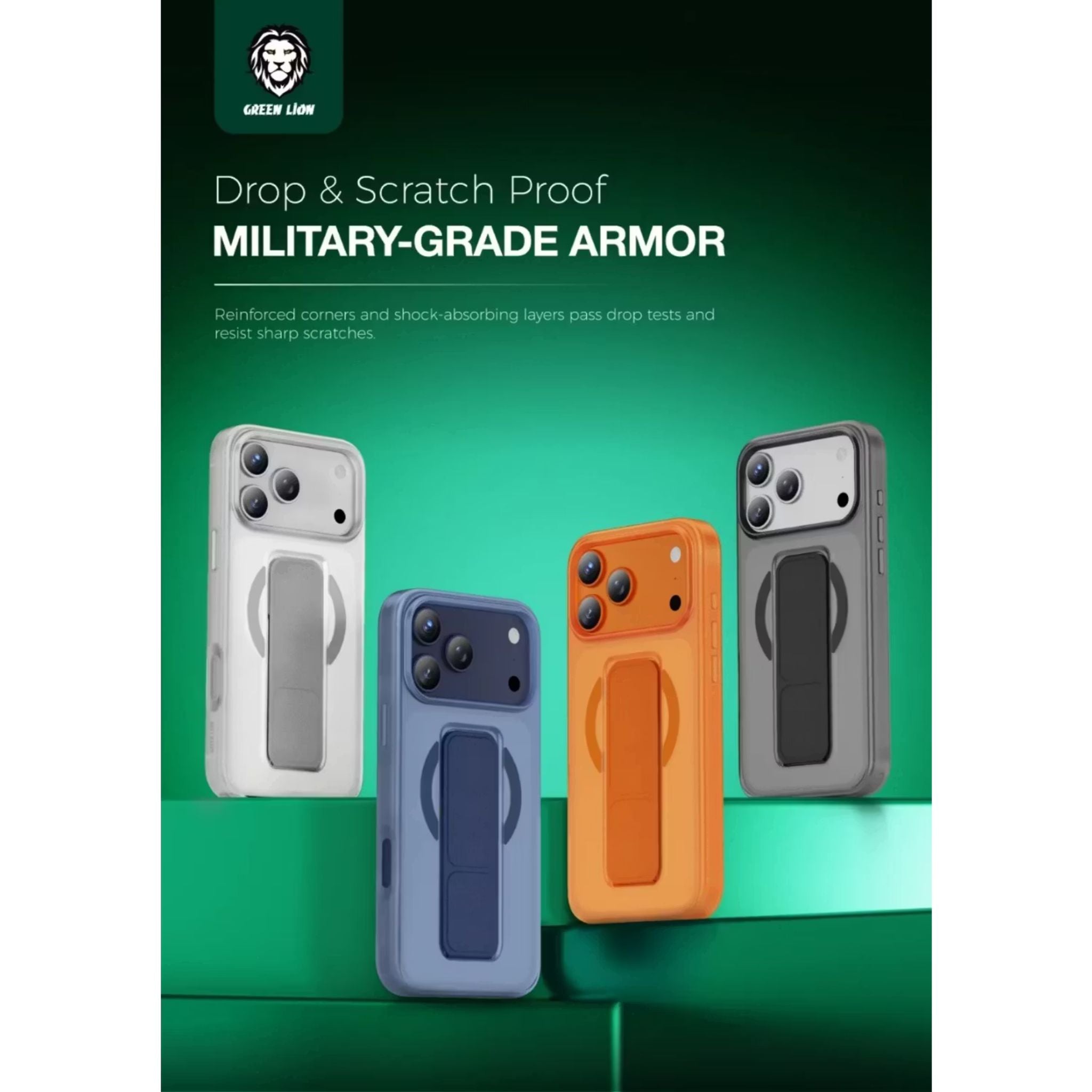 Green Lion Grip 360° MagSafe Case for iPhone 17 Pro, Up to 3500gs Force Impact Resistance, Foldable Stand, Strong Magnets, Drop Protection, Anti-Scratch, Leather Grip Strap, Camera Protection, Horizontal & Vertical Features - Black Titanium