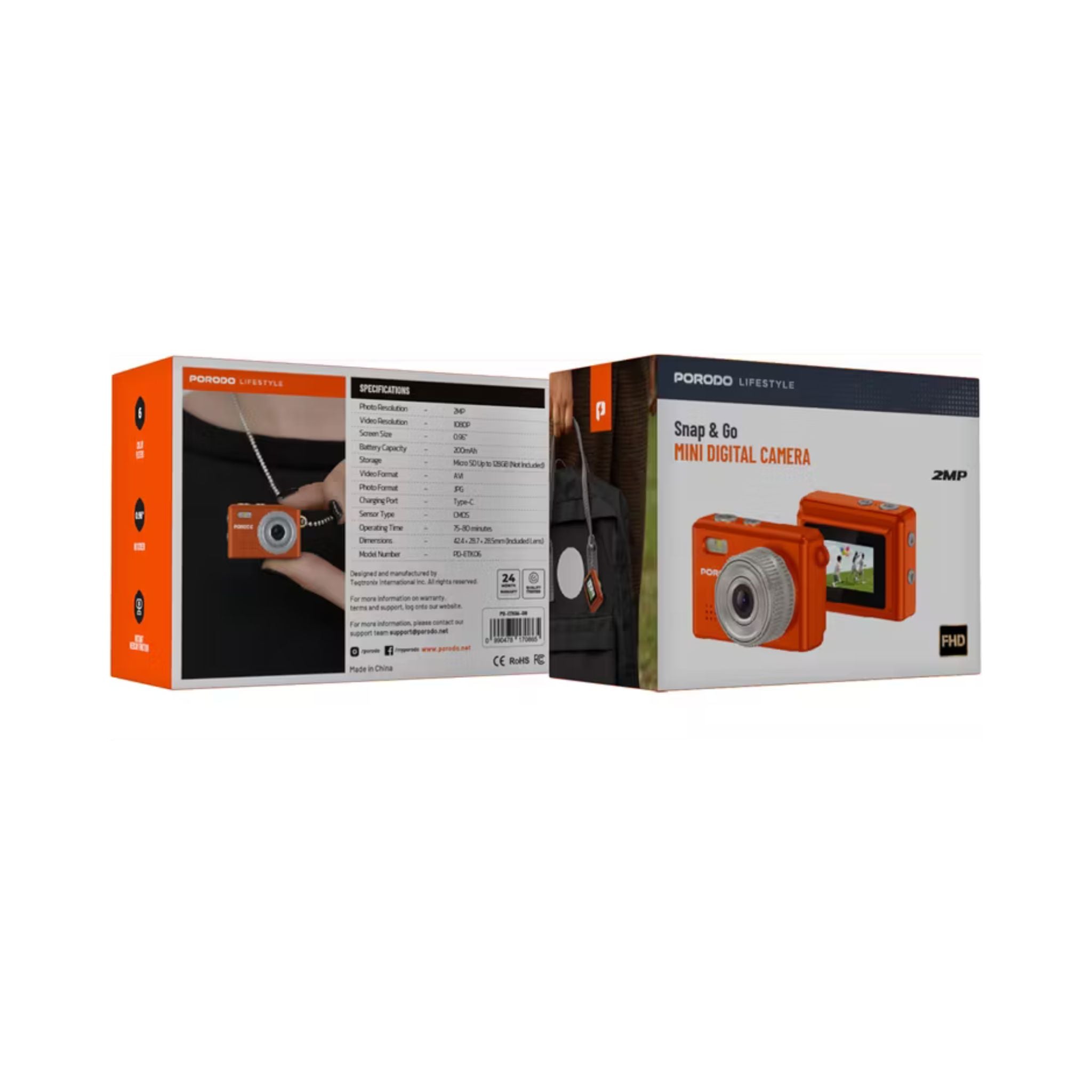 Porodo Lifestyle Snap & Go Mini Digital Camera 2MP / Full HD Camera Video Resolution / Portable Camera with Lightweight / 6 Color Filters / Instant Webcam Function / AVI and JPG Format - Orange