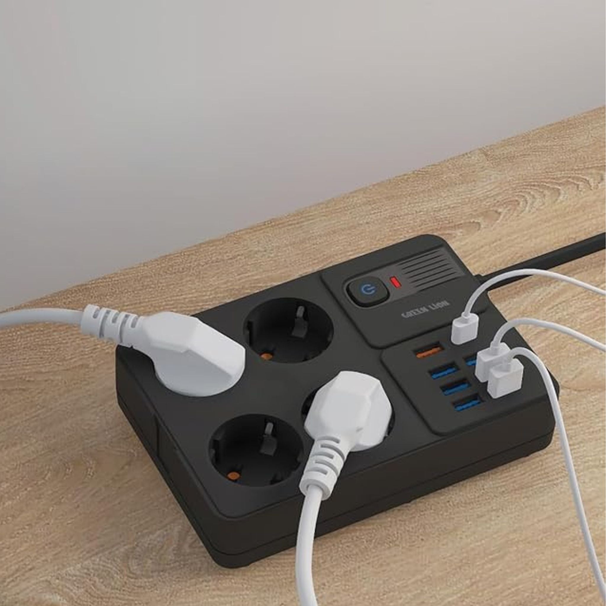 Green Lion Power Socket 7 USB-A Port & 1 PD 20W Port, 4 EU Power Socket, 3250W Power, Safety Shutter, Overload Protection, Portable Compatible with TV PC Router Gaming Console Printer - Black