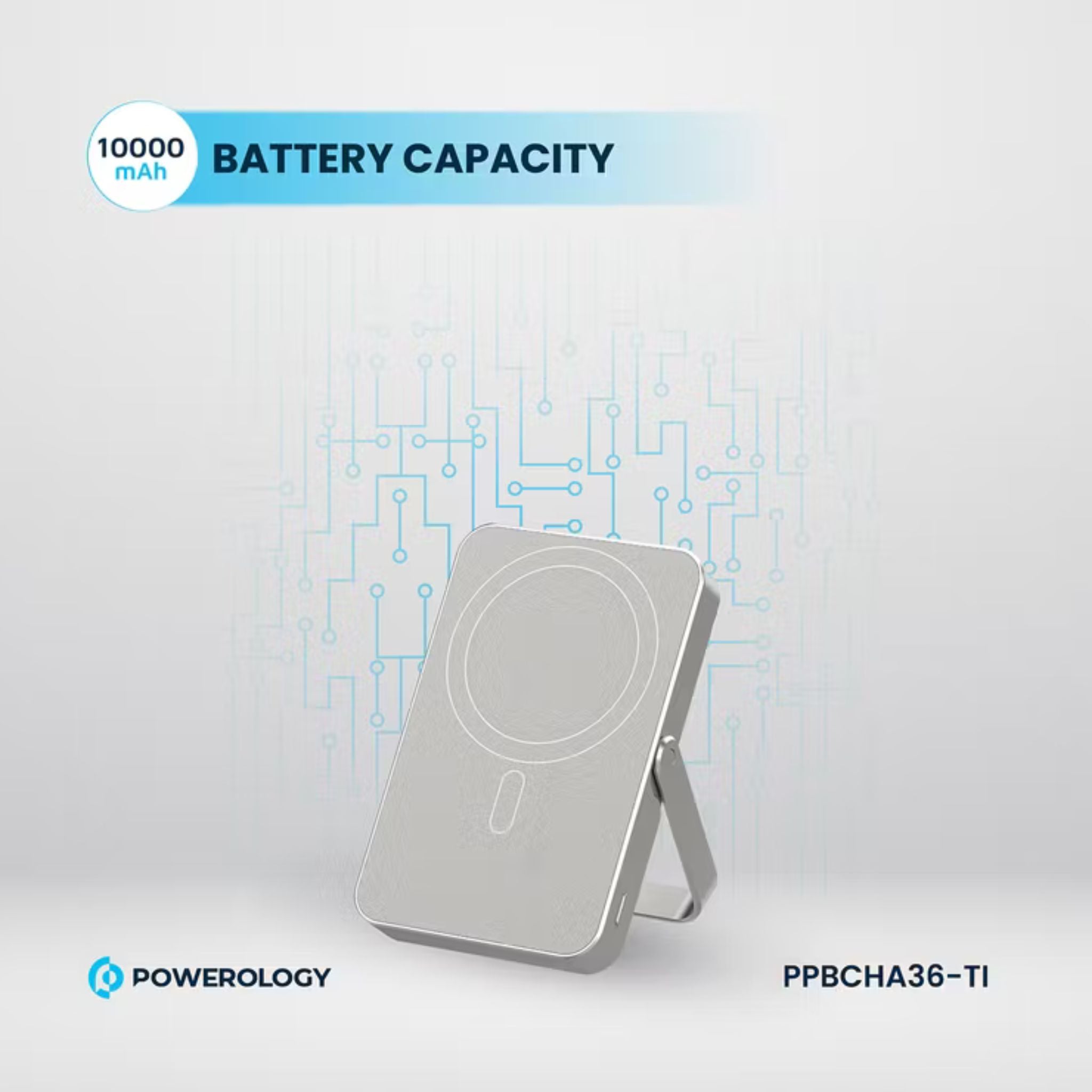 Powerology 10000mAh Magsafe Glass Surface Power Bank, Compact Design, Type-C & Wireless output, Integrated Stand, Aluminum Material, 20W Power Delivery, Cable-Free - Titanium