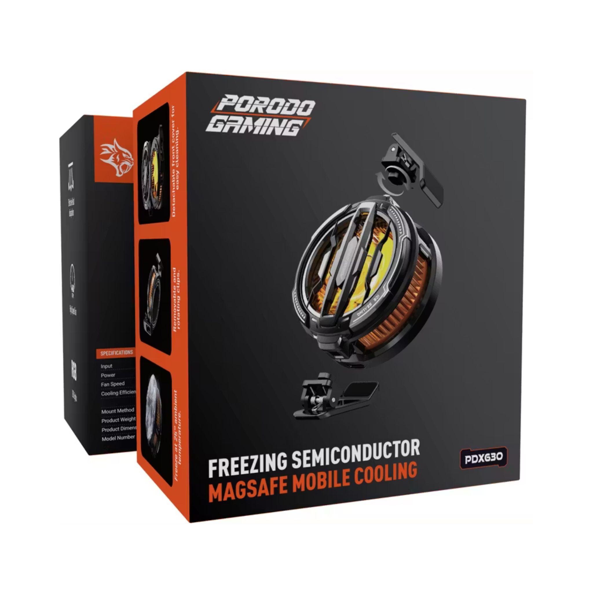 Porodo Gaming wireless charging Phone Cooler, High Speed Fan, Effective Heat Dissipation, RGB LED Light, Removable and Rotating Clips - Black