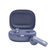 JBL Live Flex True Wireless Earbuds in blue color, with the charging case open, showcasing the earbuds and the charging technology.