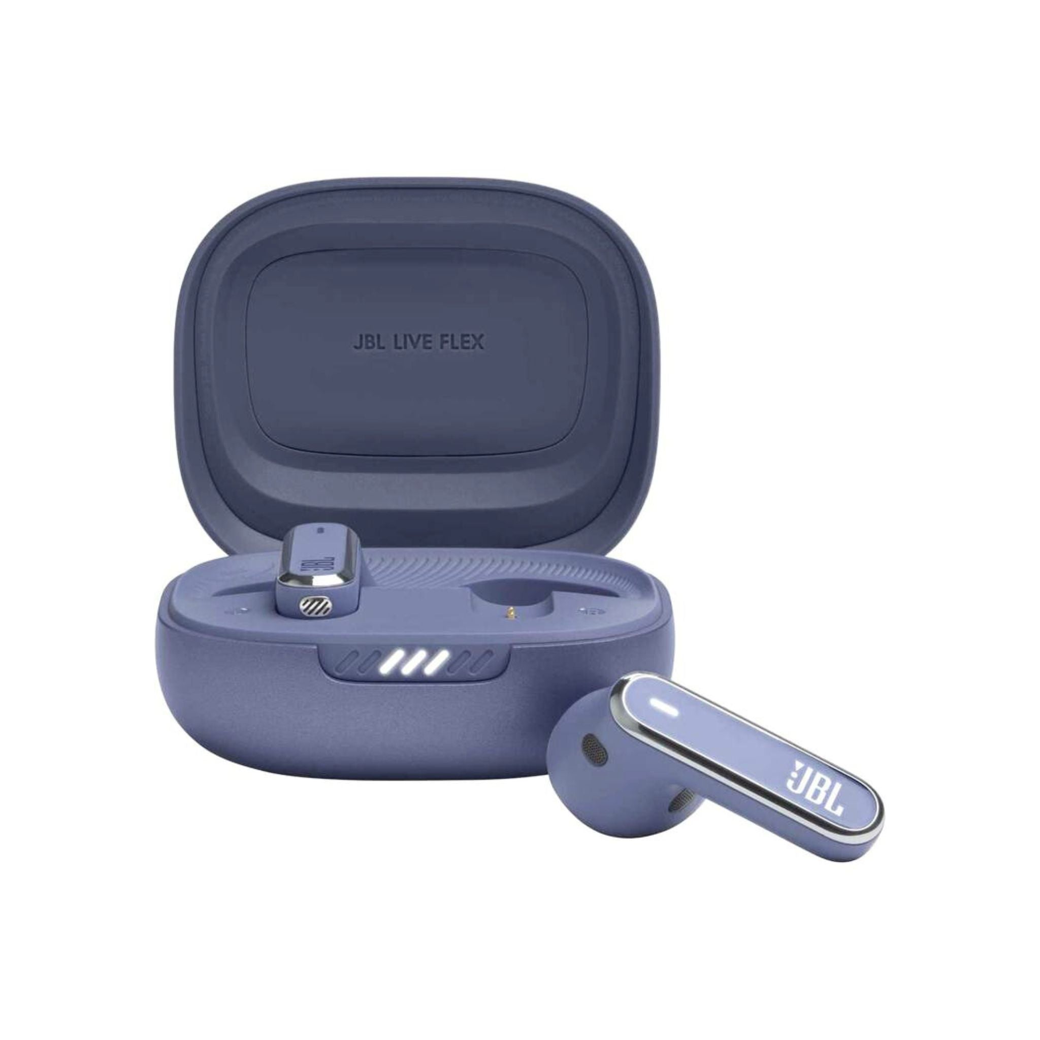 JBL Live Flex True Wireless Earbuds in blue color, with the charging case open, showcasing the earbuds and the charging technology.