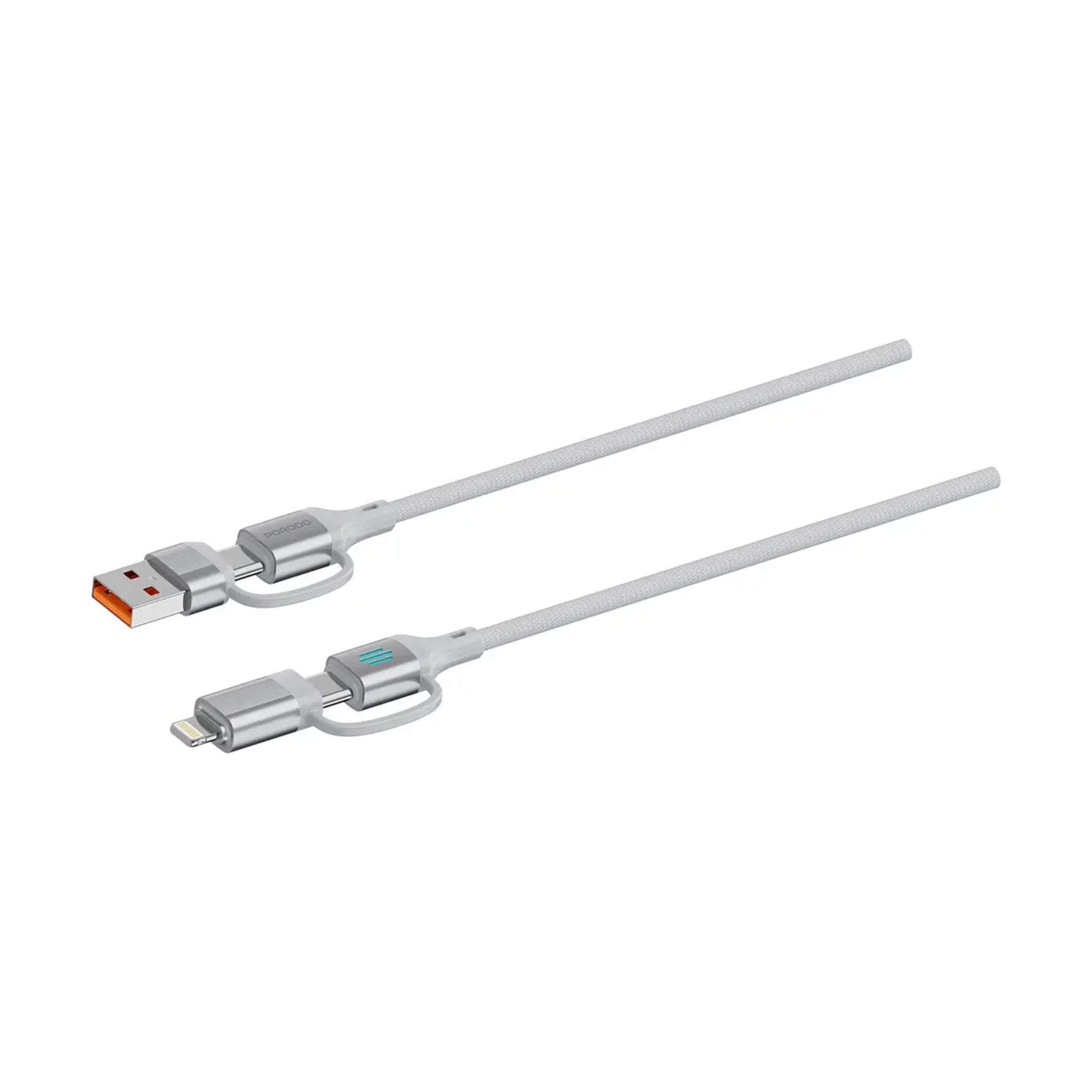 Porodo 4 in1 PD 240W High Speed Charging 1m Cable / USB-C, USB-A & Lightning Input Interface / 480Mbps Rapid Data Sync / Enhanced Durability / Aluminum Alloy Material - Silver