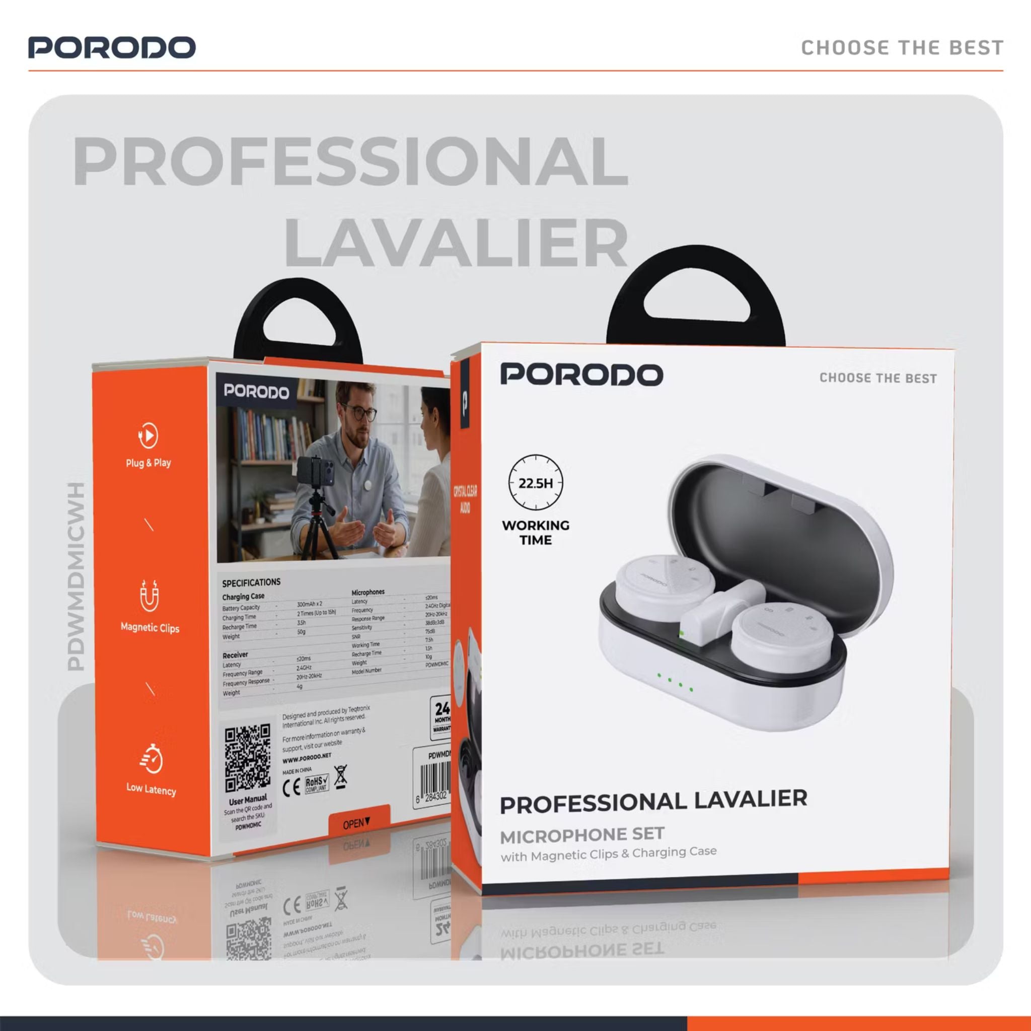 Porodo Lavalier Wireless Dual Mic with Charging Case, 22.5H Playtime, ≤20ms Latency, 2.4GHz, Plug & Play, Magnetic Clip, White