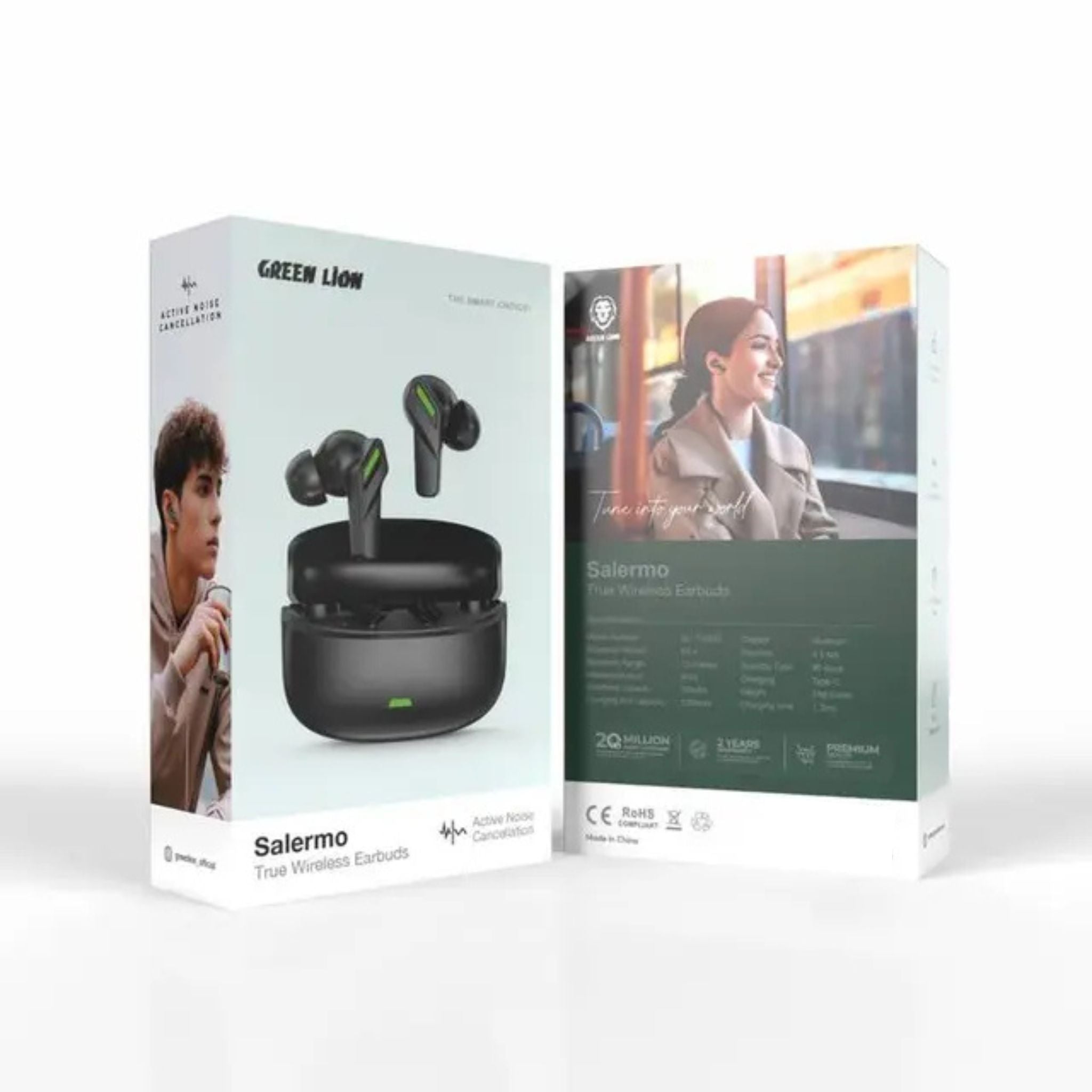 Green Lion Salermo True Wireless Earbuds, Active Noise Cancelation, 4.5 hrs Playtime, Bluetrum Chipset, IPX4 Waterproof - Black
