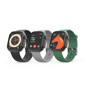 A collection of Haino Teko smartwatches with interchangeable green, black, and gray straps, featuring a digital display and a built-in pen.