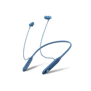 A pair of blue wireless neckband earphones with control buttons and a microphone.