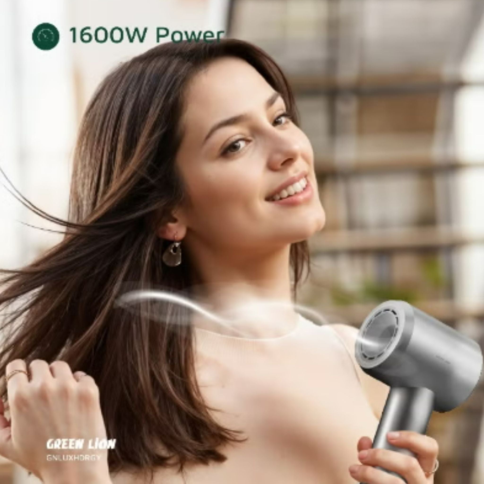 Green Lion LUXAIR Hair Dryer, 1600W BLDC Motor, Digital Display, Hot & Cold Air Alternating Mode, 3 Heat Settings, 2 Wind Speeds, Low Noise 68dB, Durable PC+ABS Body with Copper Heating Element, 1.8m UK Plug – Grey