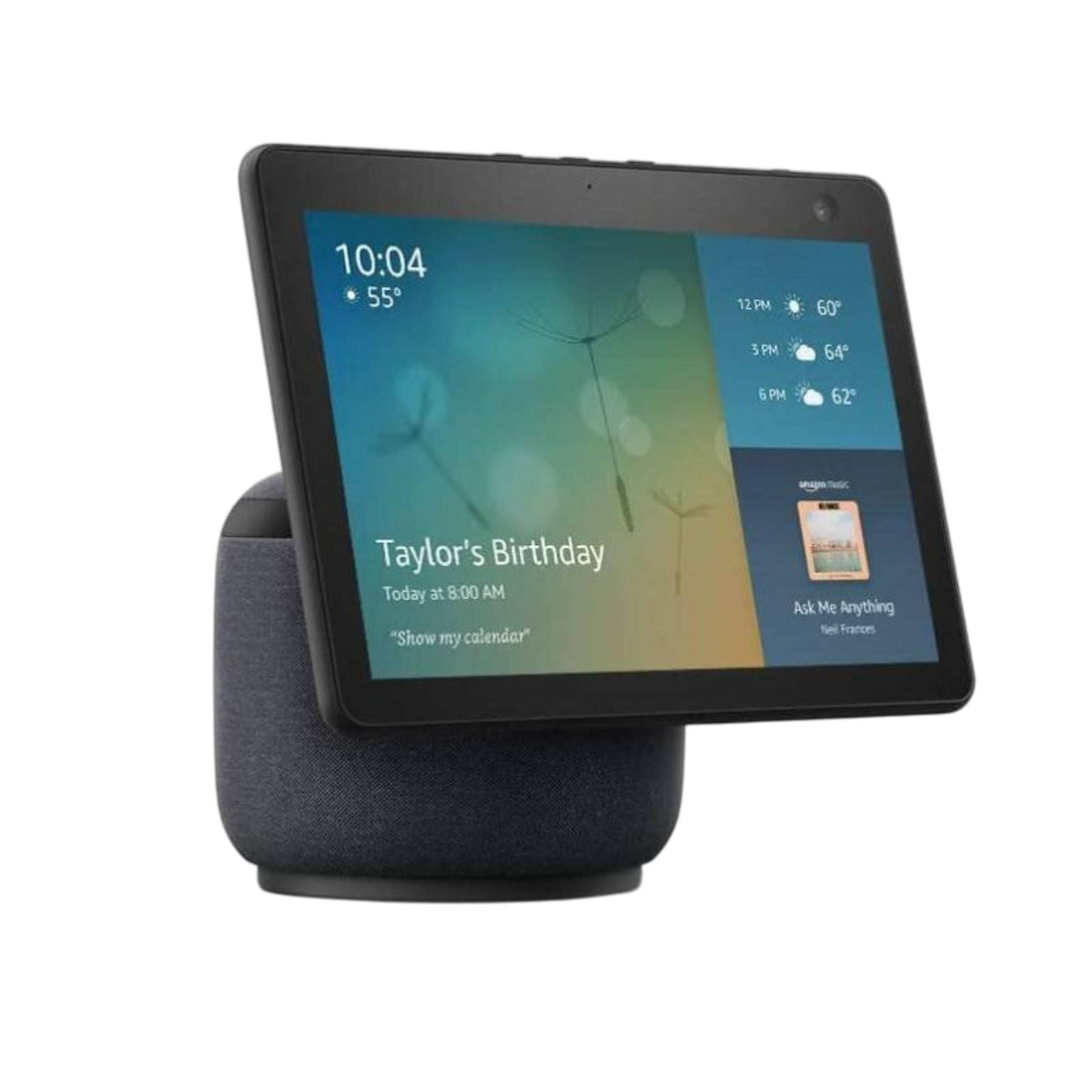 Smart display device on a stand with a white background