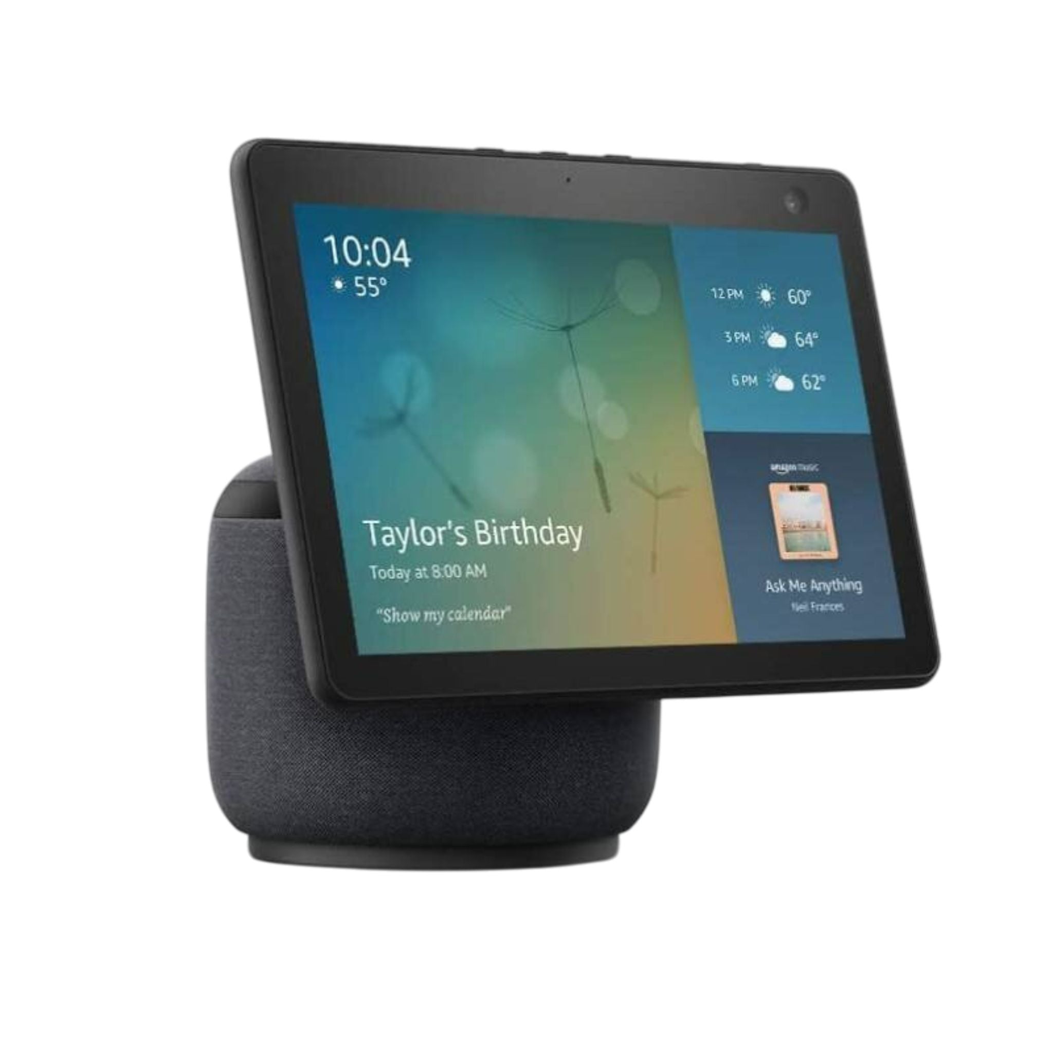 Smart display device on a stand with a white background
