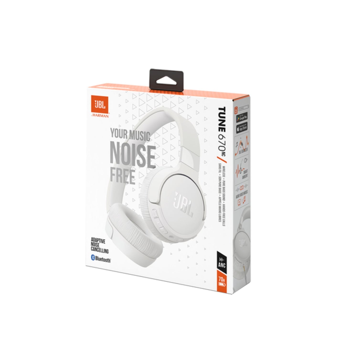 JBL T670 Over-Ear Noise Cancelling Bluetooth Stereo Wireless Headphone, Up to 70Hours Battery Life, Multi-Point Connection, Flat-fold design, Detachable Cable, Audio cable, Speed charge - White