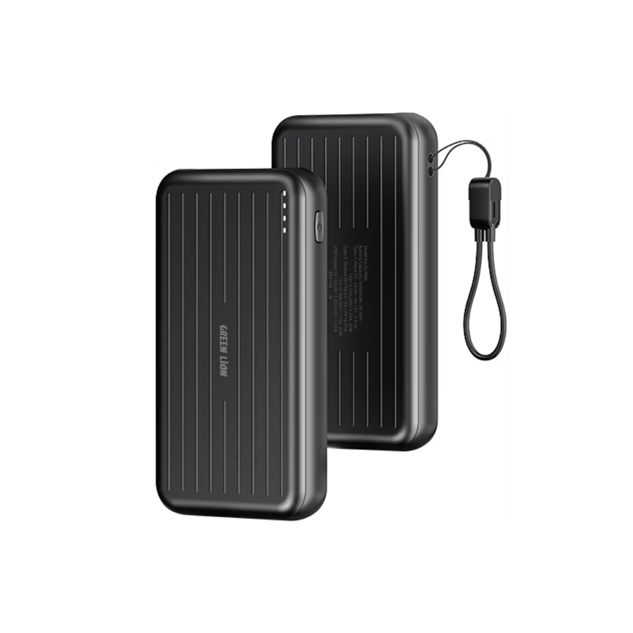 Black power bank with solar panel attachment on a white background