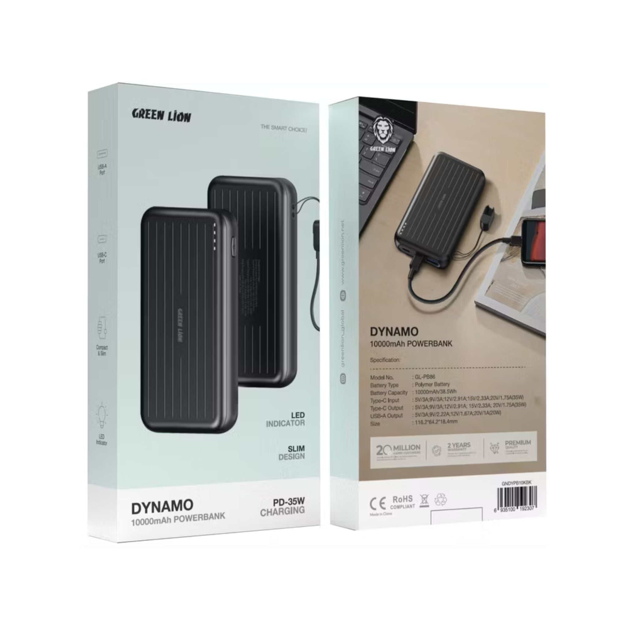 Green Lion Dynamo 10000mAh Power bank, PD 35W, Type-C Input, Type-C & USB-A Outputs, Polymer Battery, Slim & Lightweight - Black